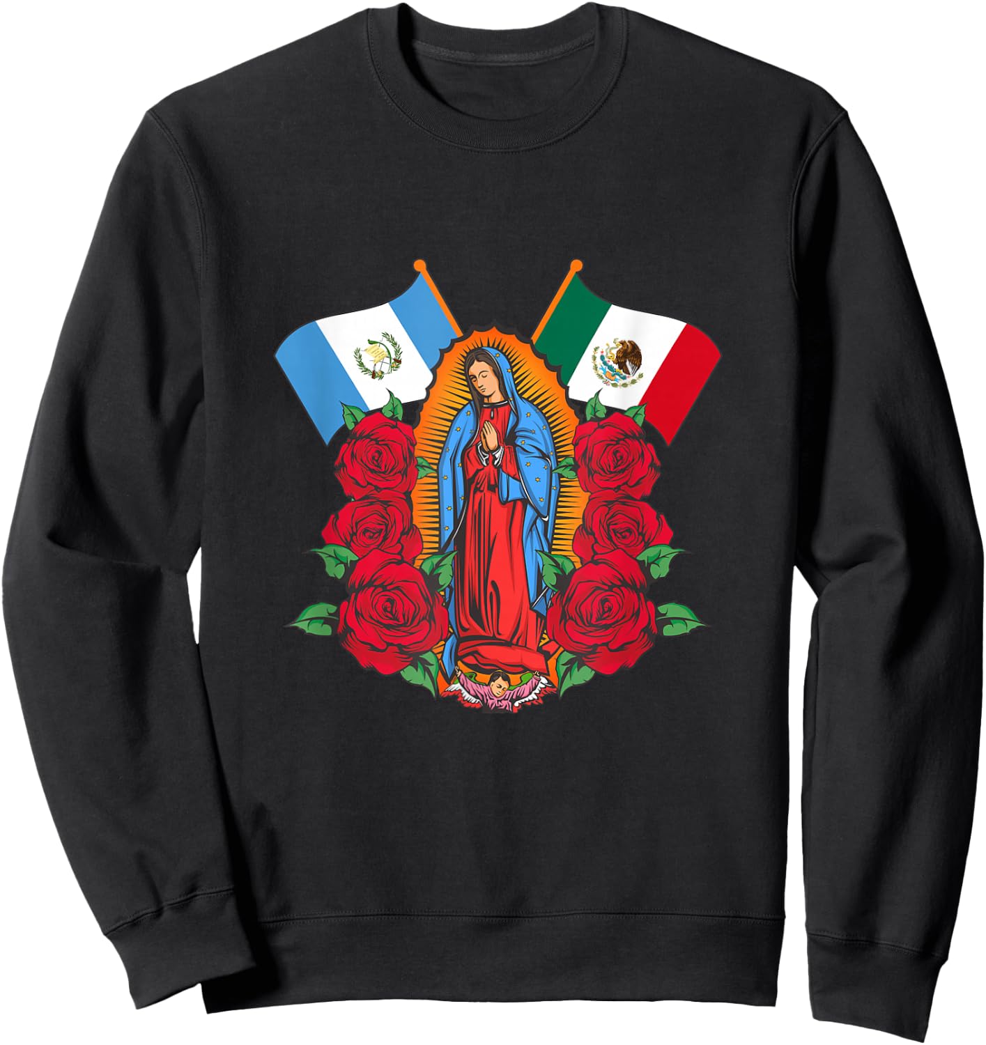Virgen de Guadalupe con bandera de Guatemala y México Sweatshirt - Sweatshirt | Black