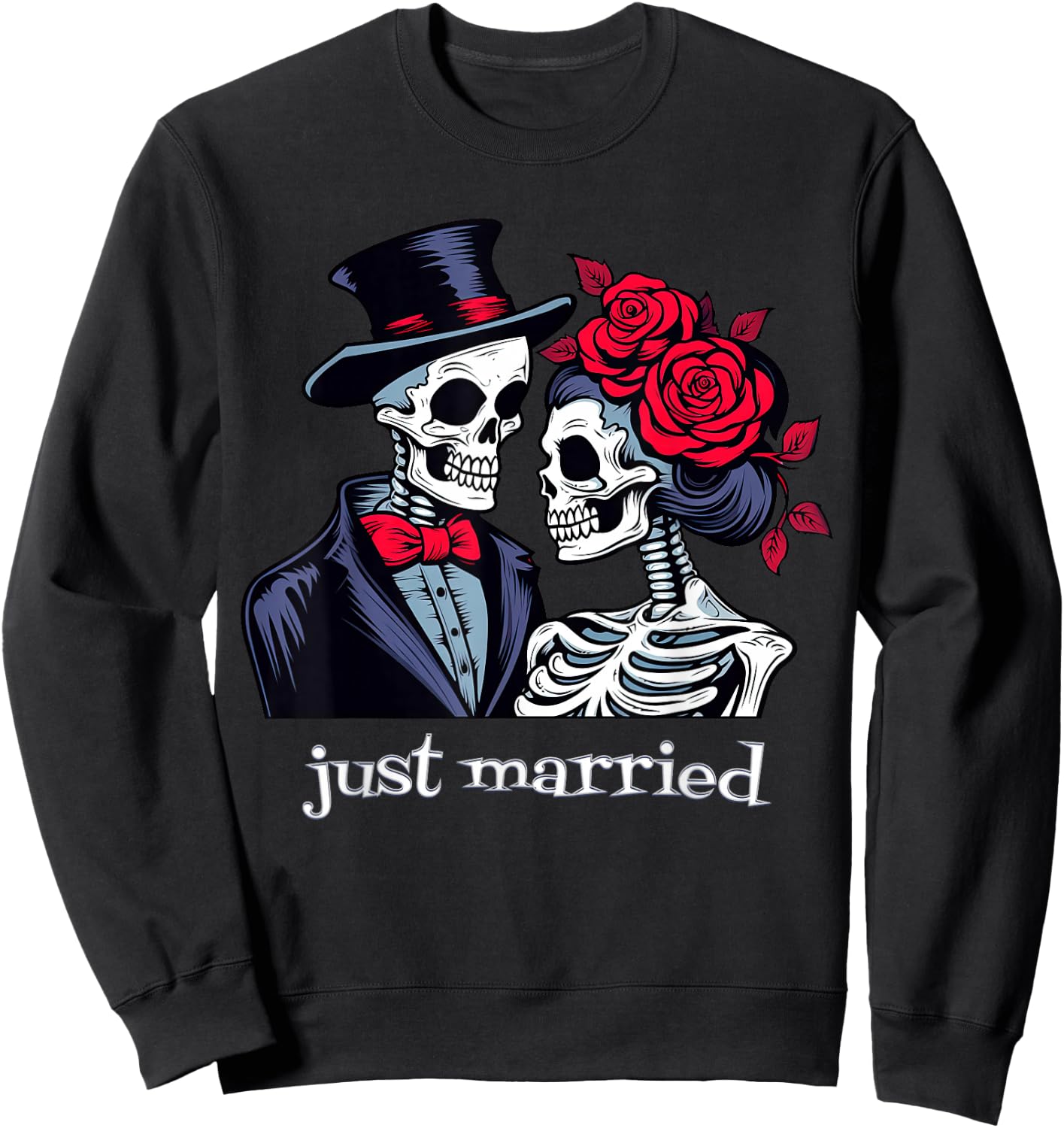 Roses Skeleton Bride & Groom, Just Married Elope Halloween Sweatshirt - Sweatshirt | Black