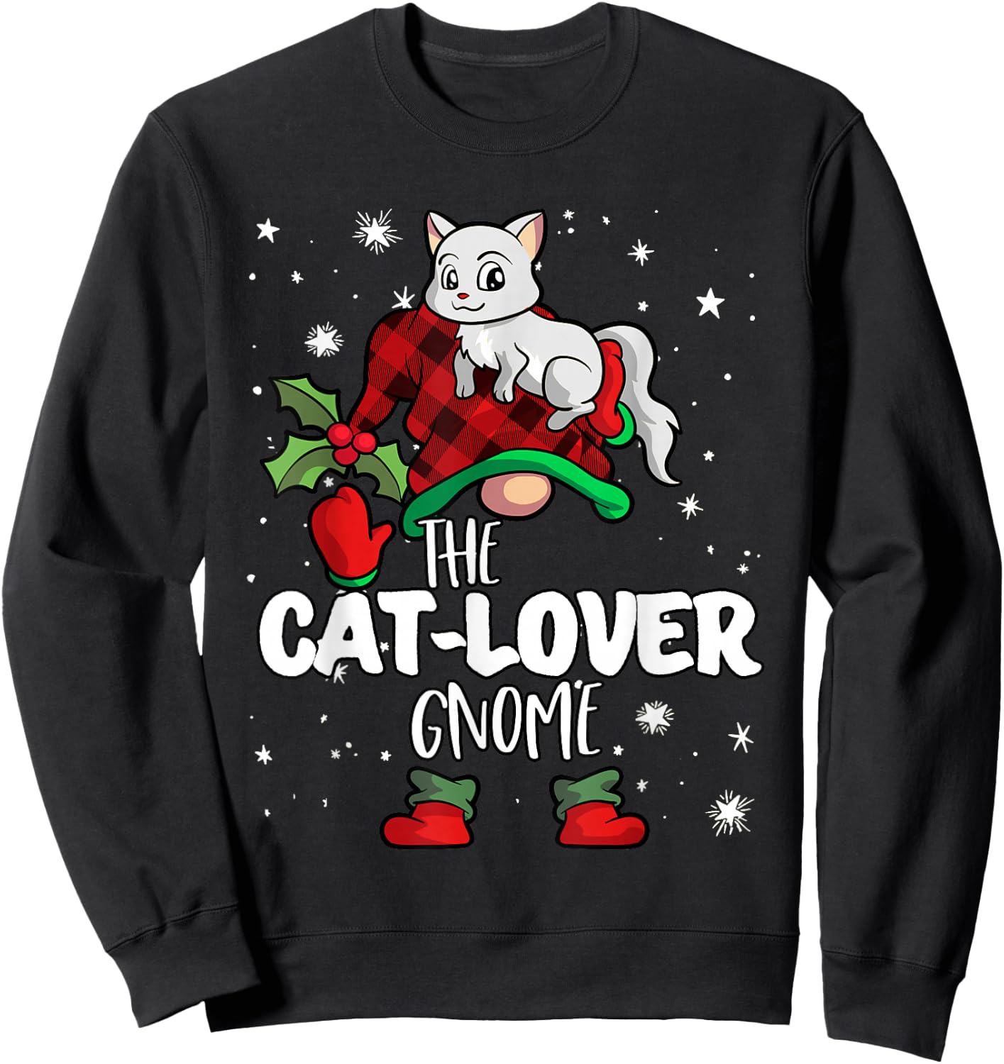 Cat Lover Gnome Red Buffalo Plaid Matching Family Christmas Sweatshirt - Sweatshirt | Black