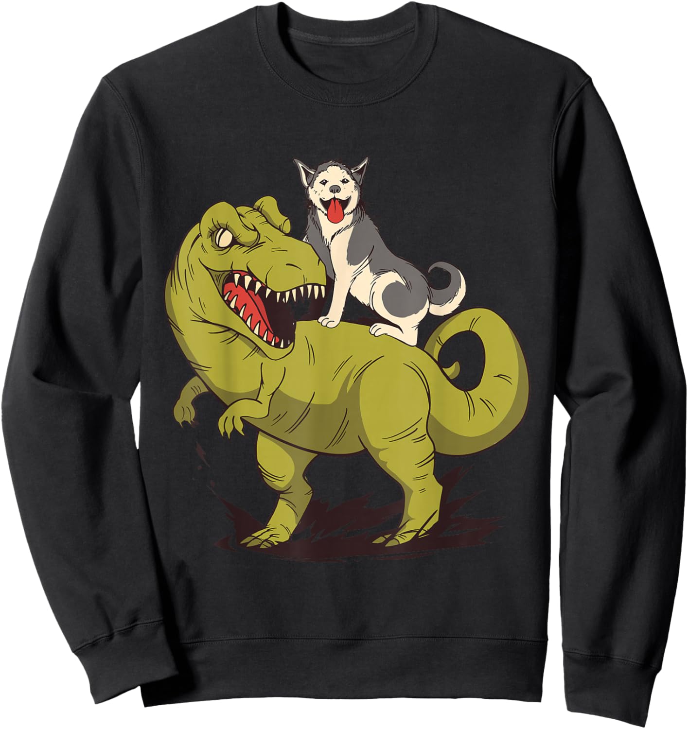 Funny Siberian Husky Dog Riding Dinosaur Sweatshirt - Sweatshirt | Black