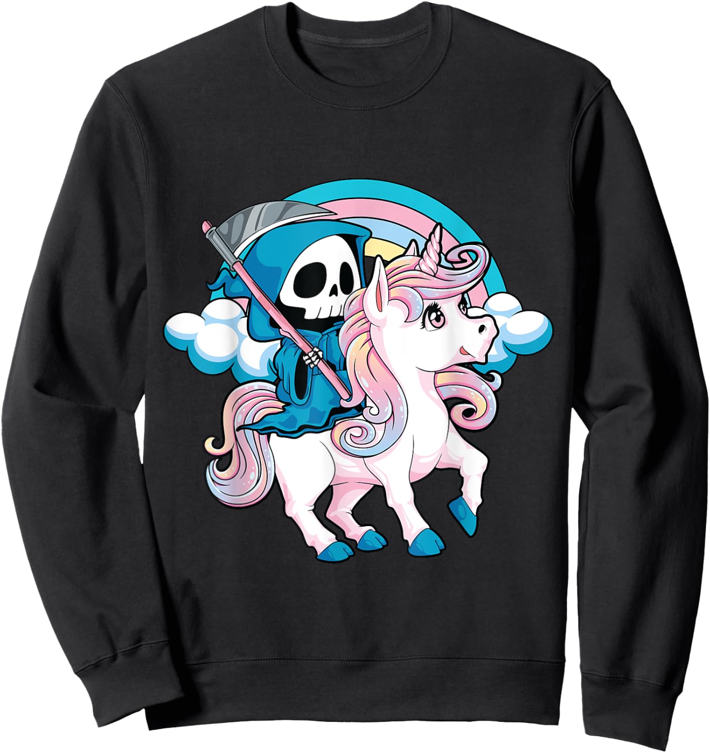 Kawaii Pastel Goth Cute Creepy Halloween Unicorn Grim Reaper Sweatshirt - Sweatshirt | Black