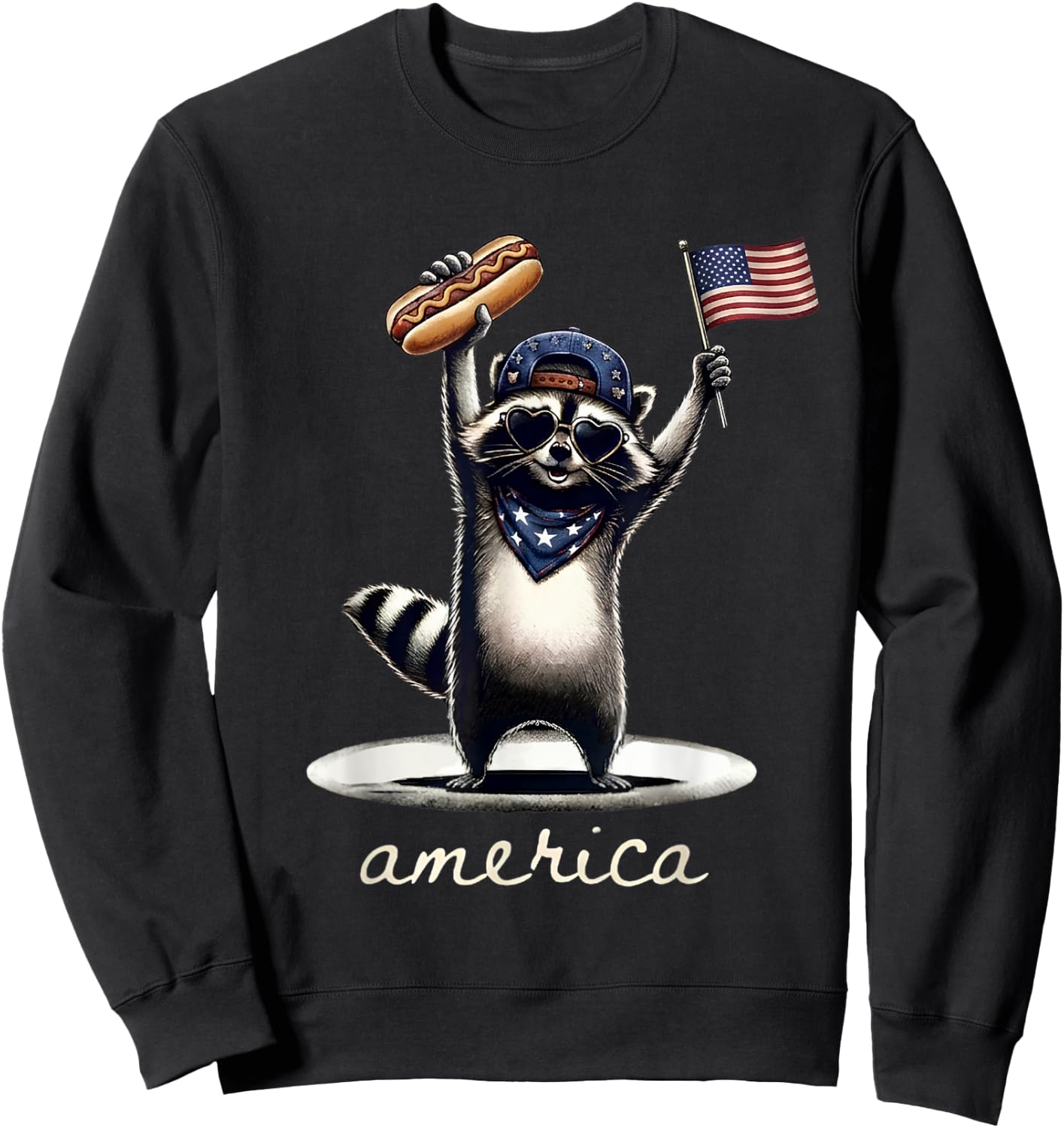 4th of July America Raccoon Holding Hotdog and US Flag Sweatshirt - Sweatshirt | Black