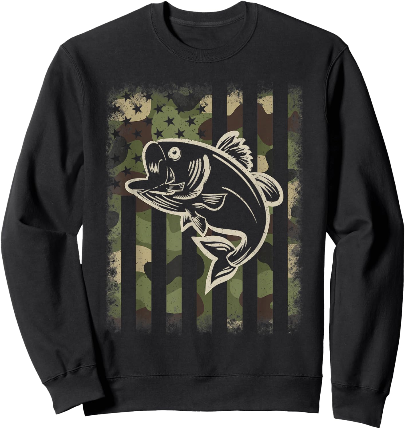 Camouflage American Flag Fishing Fisherman Bass Fish Men Sweatshirt - Sweatshirt | Black