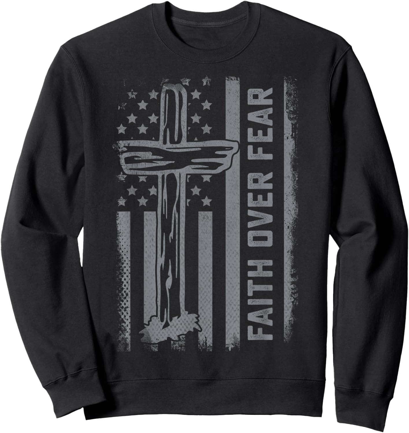 Christian US Flag Cross Faith Over Fear Men Women Kids Sweatshirt - Sweatshirt | Black