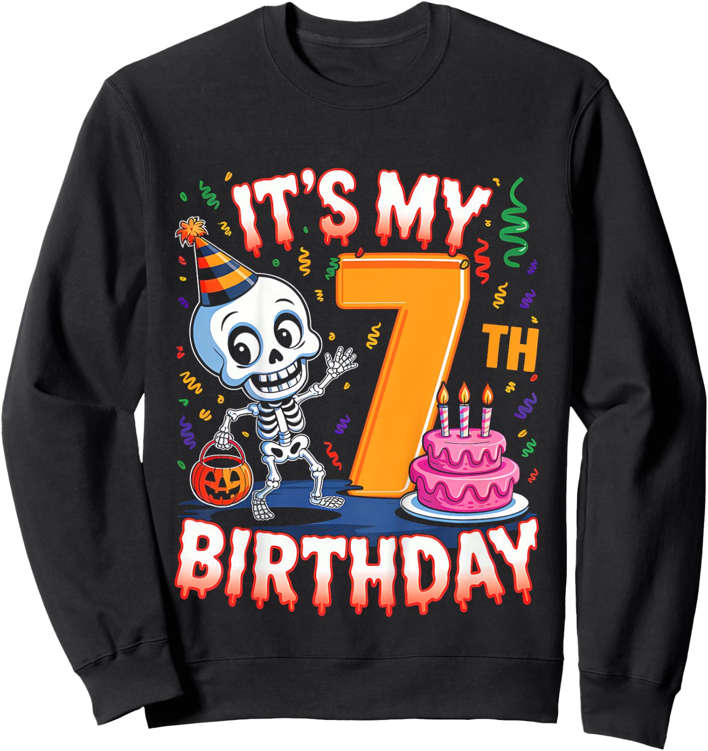Kids Boo It's My 7th Birthday Halloween Skeleton 7 Years Old Sweatshirt - Sweatshirt | Black