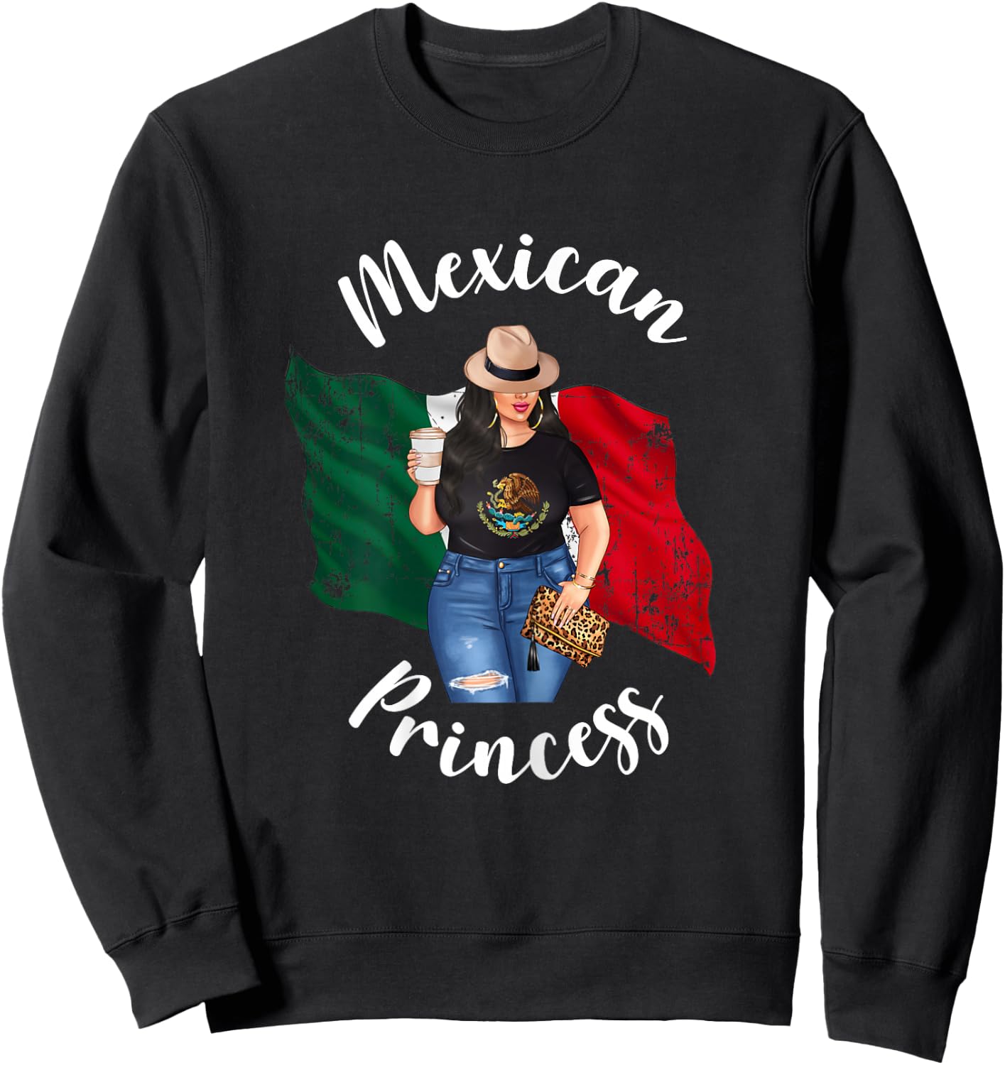 Pretty Mexican Princess Mexico Flag Patriotic Loves Coffee Sweatshirt - Sweatshirt | Black