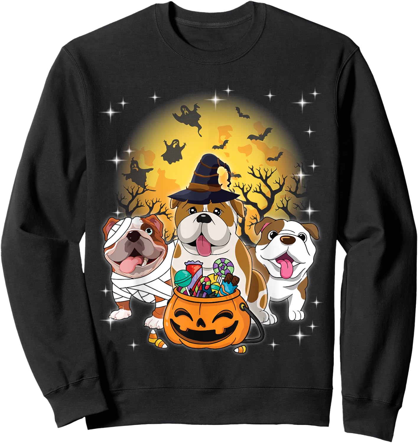 English Bulldog Mummy Witch Dog Moon Ghosts Halloween Day Women Kids Sweatshirt - Sweatshirt | Black