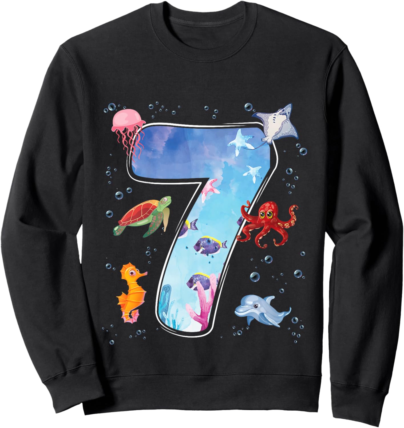 Kids 7th Birthday Party Ocean 7 Year Old Sea Fish Aquarium Boy Sweatshirt - Sweatshirt | Black