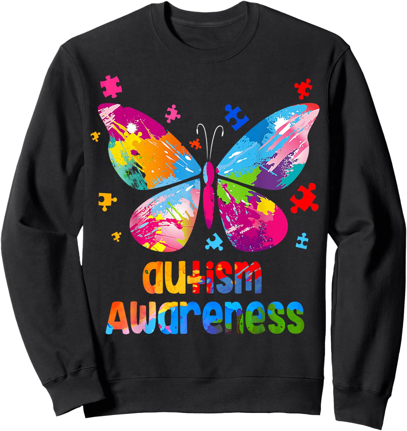 Autism Awareness Colorful Butterfly Puzzle Sweatshirt - Sweatshirt | Black