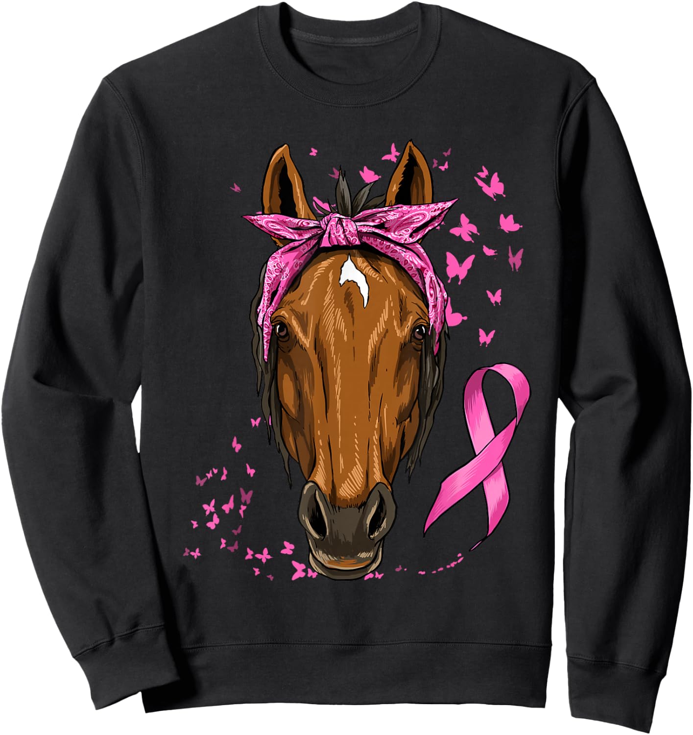 Breast Cancer Awareness Horse Pink Ribbon Cancer Survivor Sweatshirt - Sweatshirt | Black
