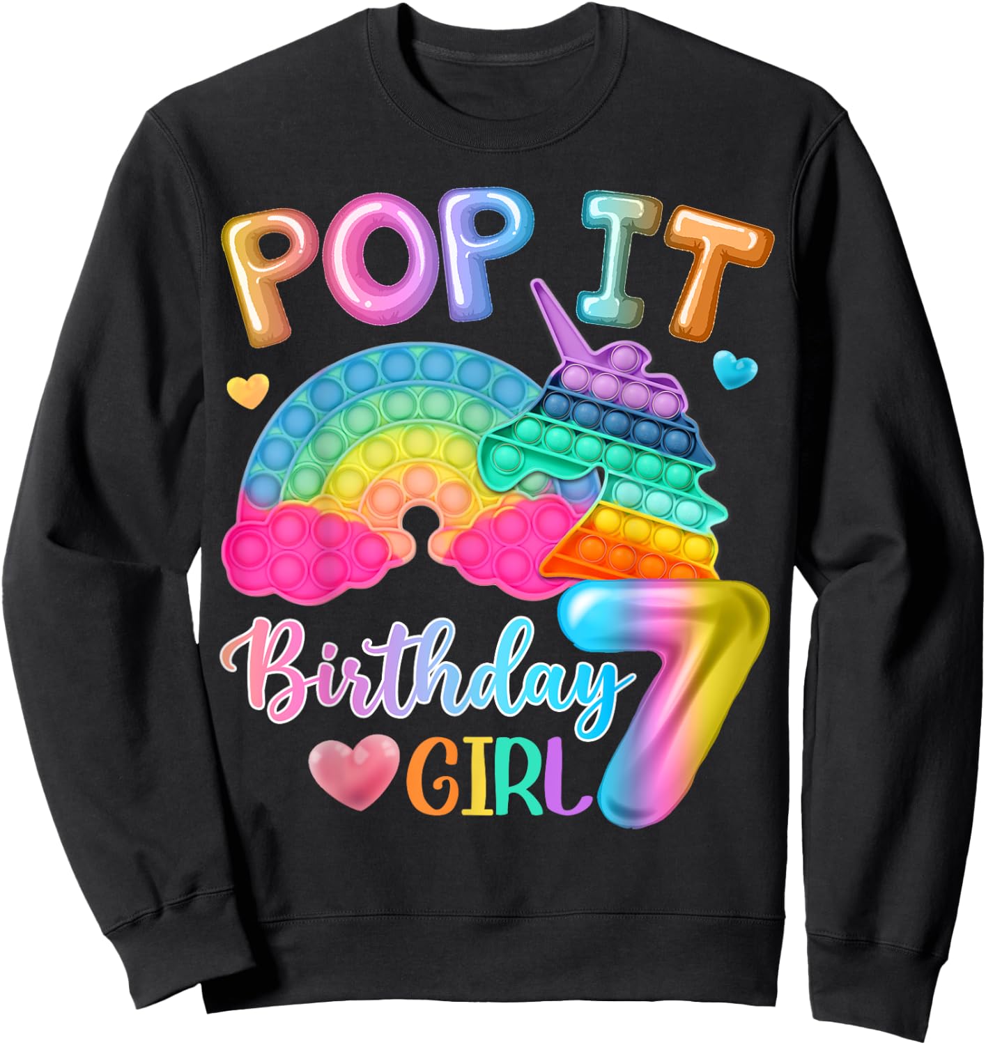 Kids Pop It Birthday Girl 7 for 7yr Old Girls Unicorn Party Sweatshirt - Sweatshirt | Black