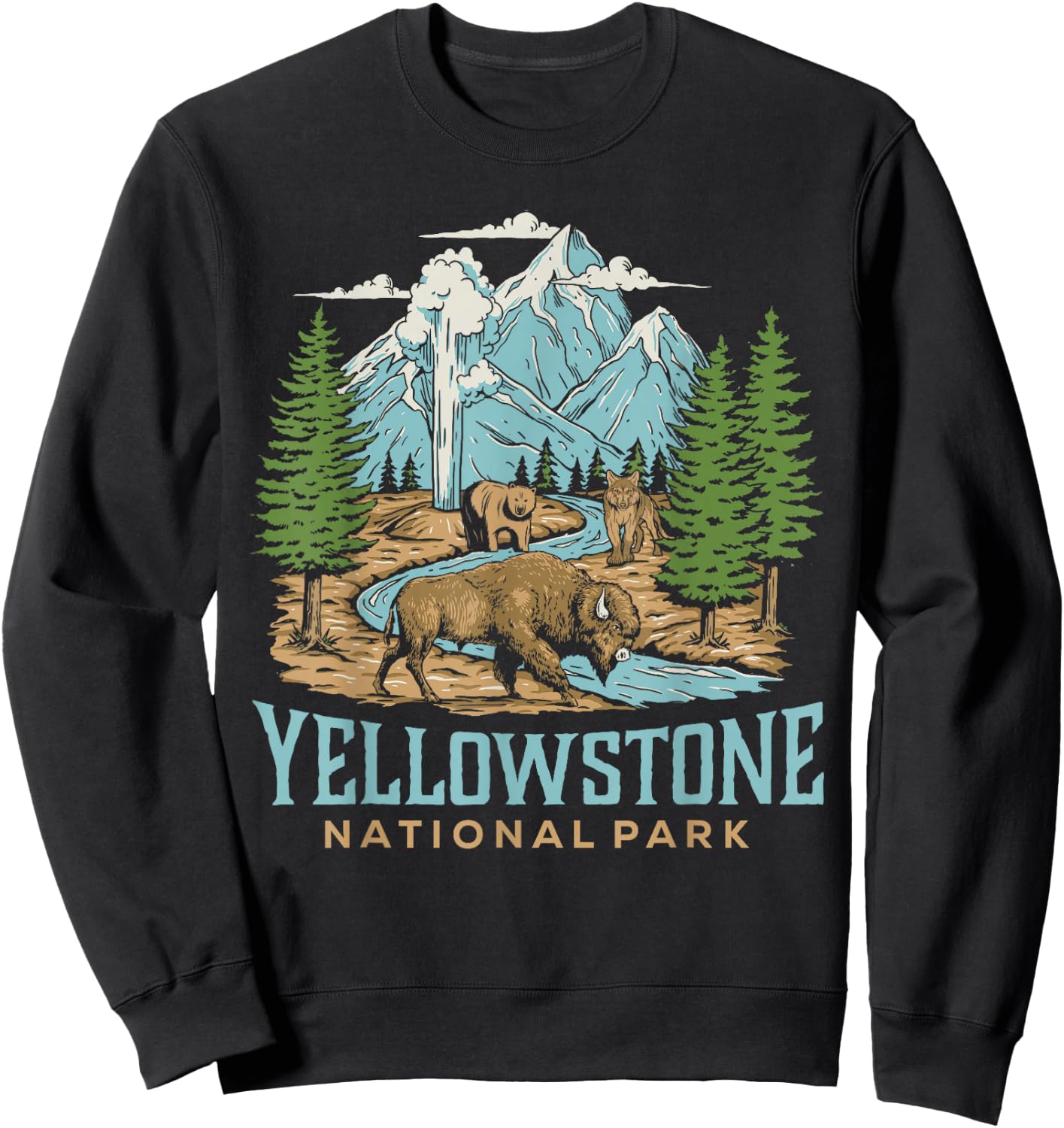 Yellowstone US National Park Wolf Bison Bear Vintage Gift Sweatshirt - Sweatshirt | Black