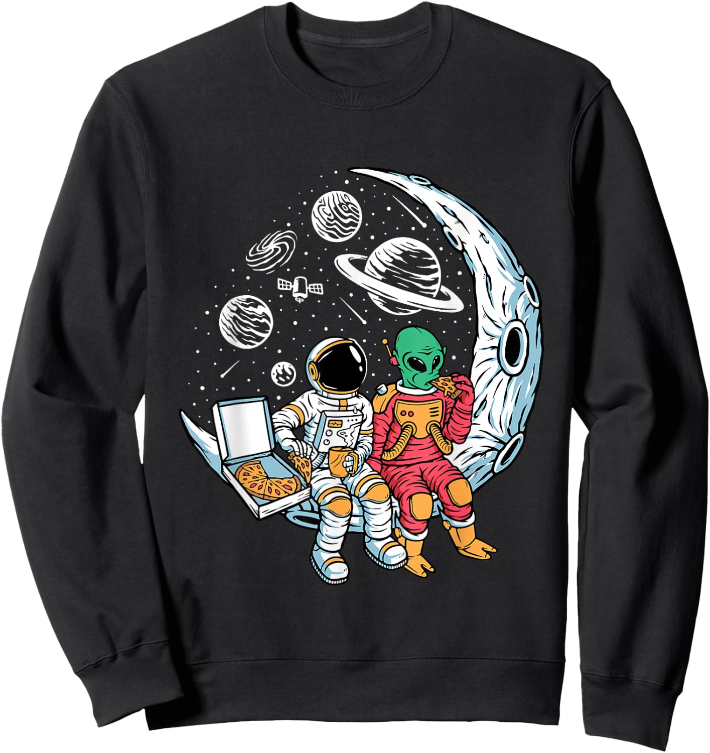 Astronaut Alien Eating Pizza in Space Chilling on the Moon Sweatshirt - Sweatshirt | Black