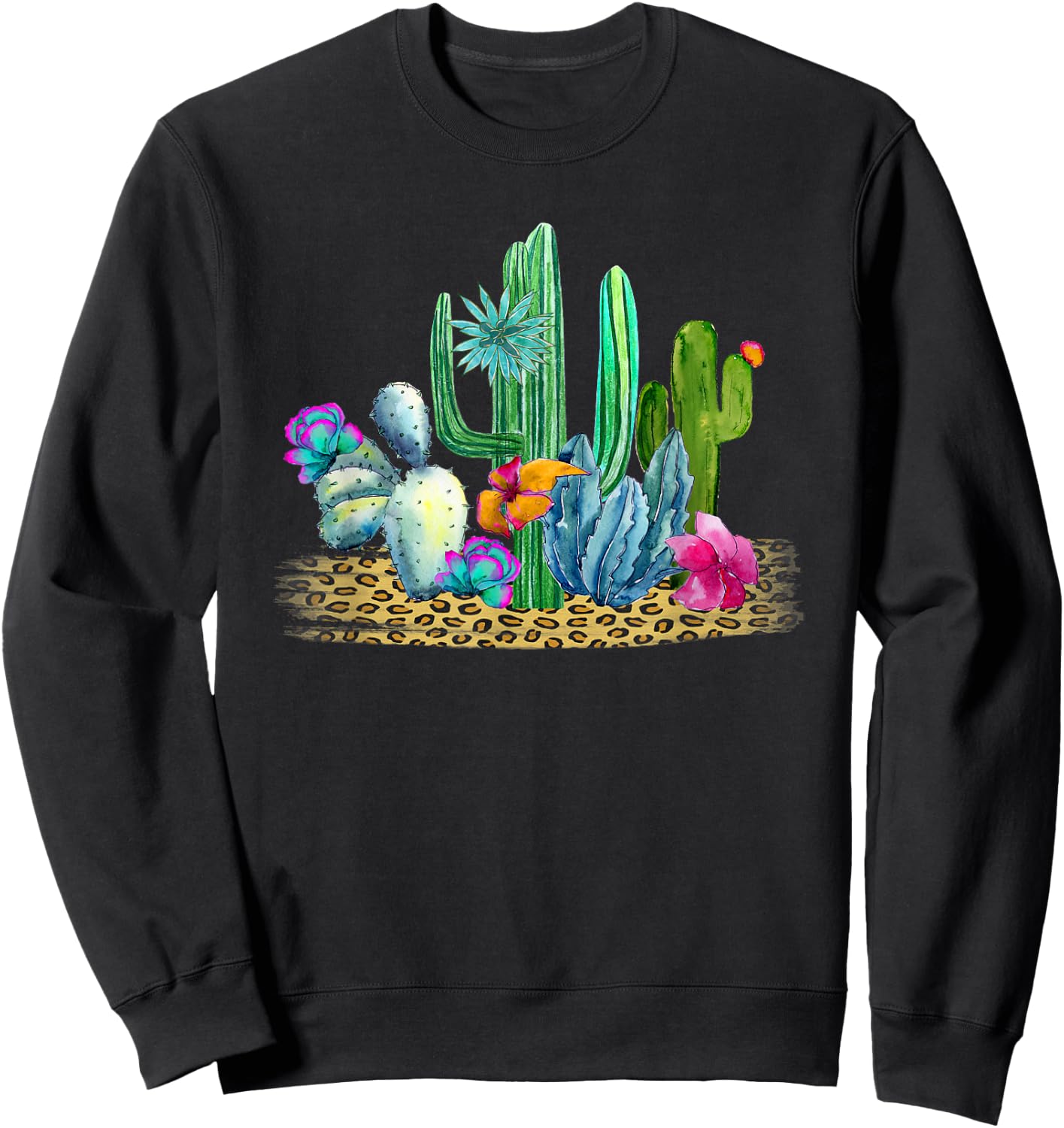 Desert Cactus Leopard Print Watercolor Boho Wanderlust Sweatshirt - Sweatshirt | Black