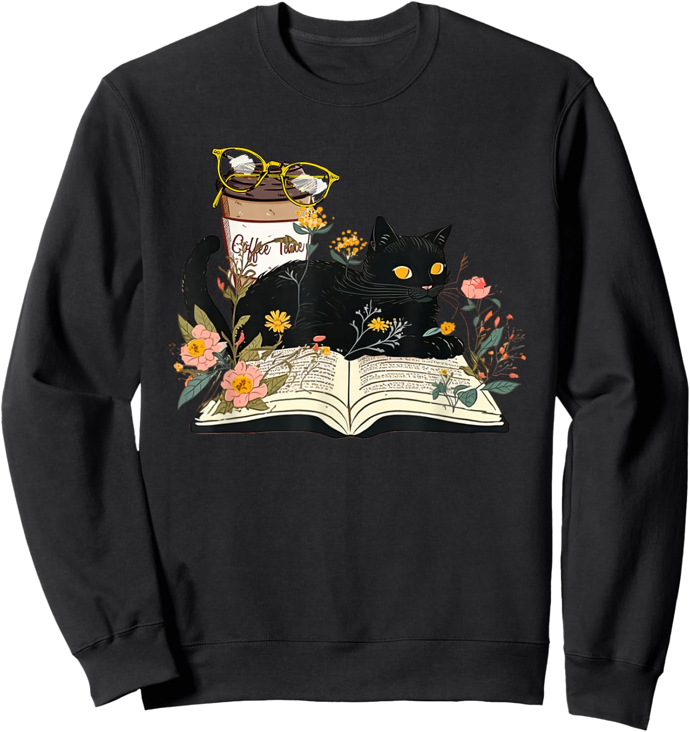 Coffee Kitty Cat and Book Lover Reader Gifts Books Reading Sweatshirt - Sweatshirt | Black