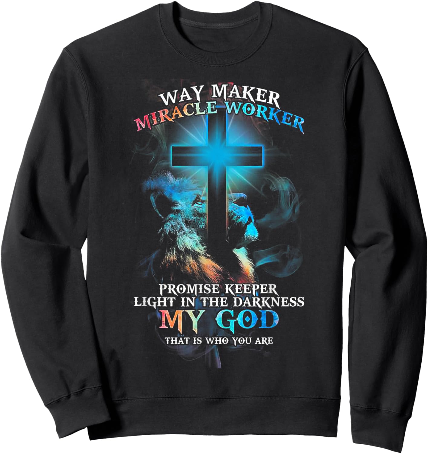 Lion Cross Light Colourful Waymaker Miracle Worker Sweatshirt - Sweatshirt | Black