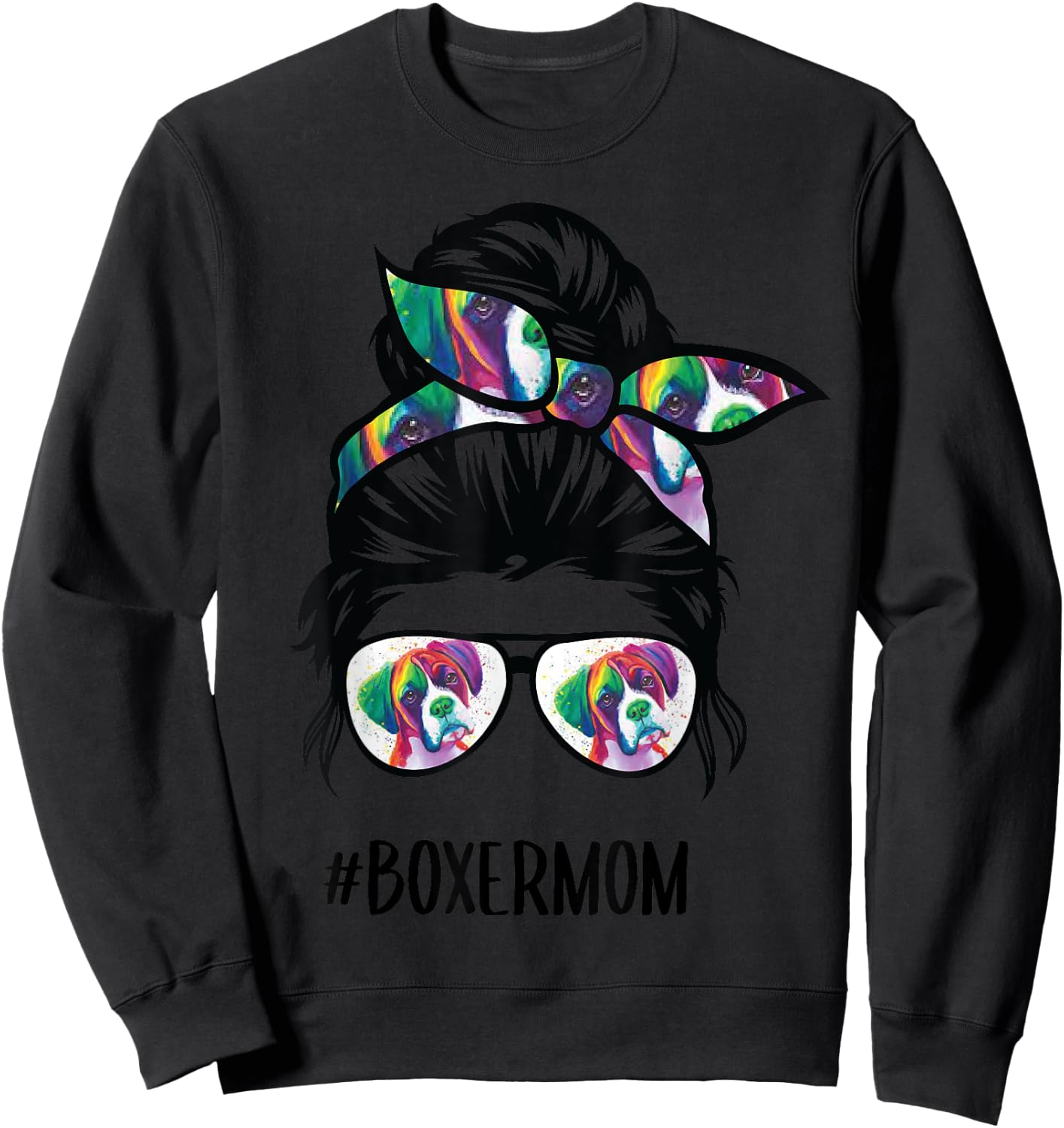 Boxer Mom Messy Bun Hair Dog Lover Women Girls Kids Sweatshirt - Sweatshirt | Black