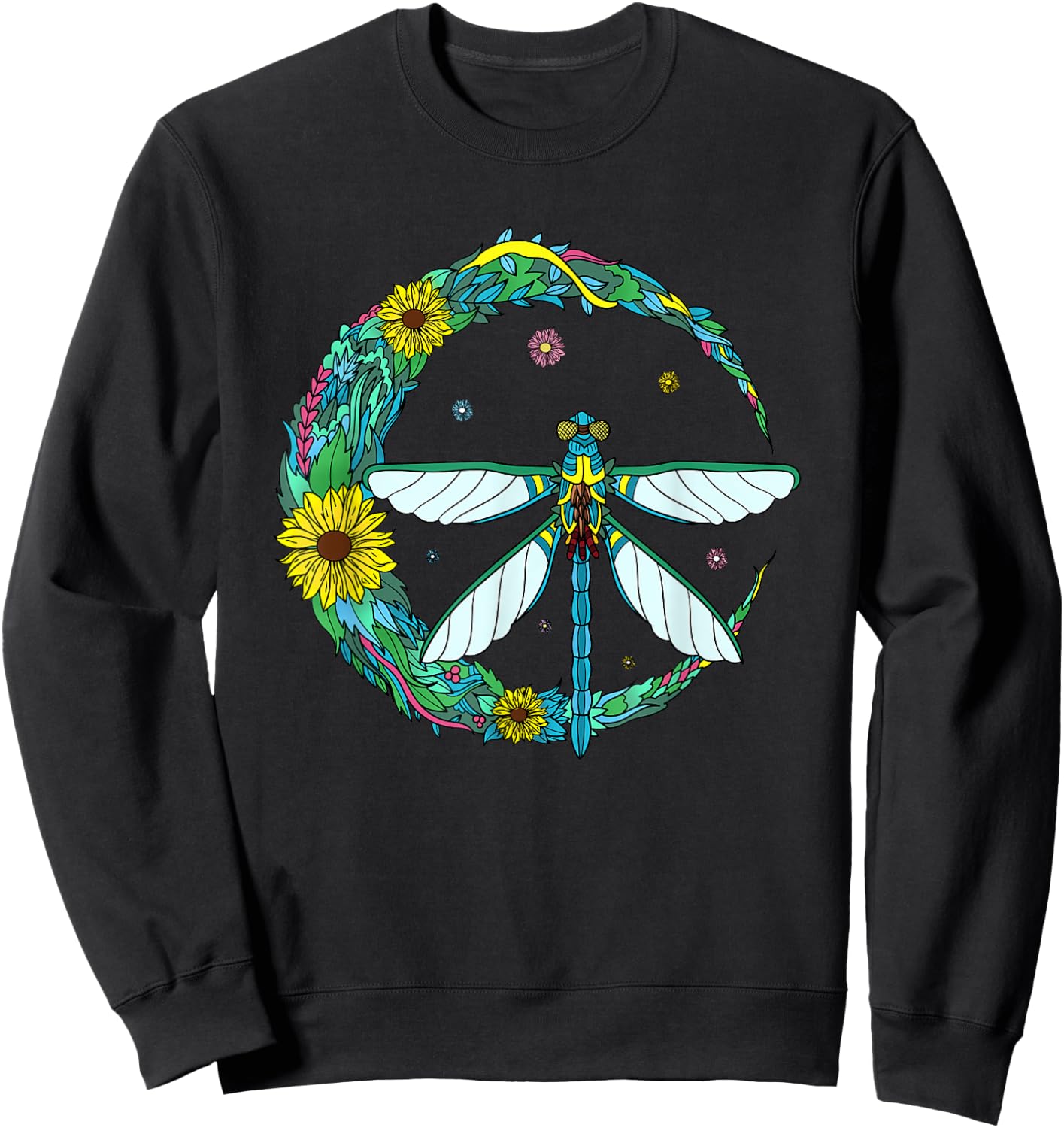 Dragonfly Boho Crescent Moon Peace Sign Hippie Dragonflies Sweatshirt - Sweatshirt | Black