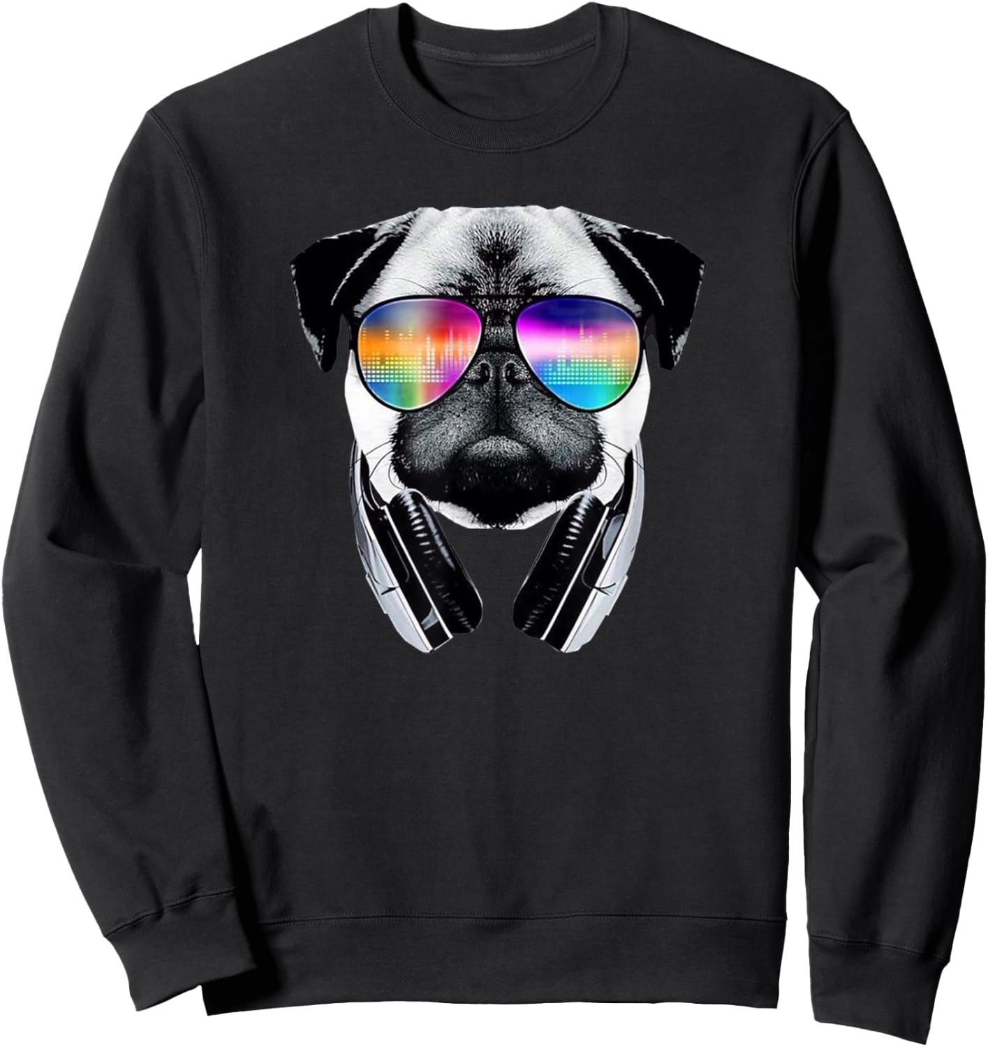 Trippy Pug Dog Wearing Music Equalizer Sunglasses Sweatshirt - Sweatshirt | Black