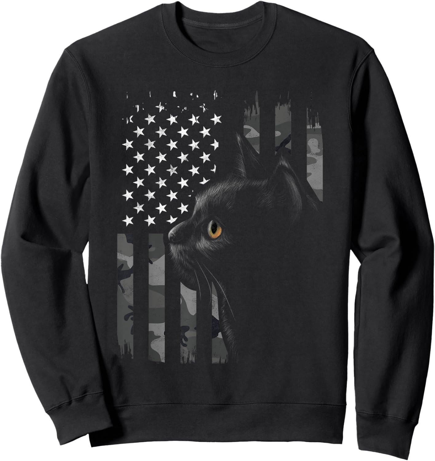 Vintage Style Black Cat Camo American Flag Patriotic Gift Women Kids Men Sweatshirt - Sweatshirt | Black