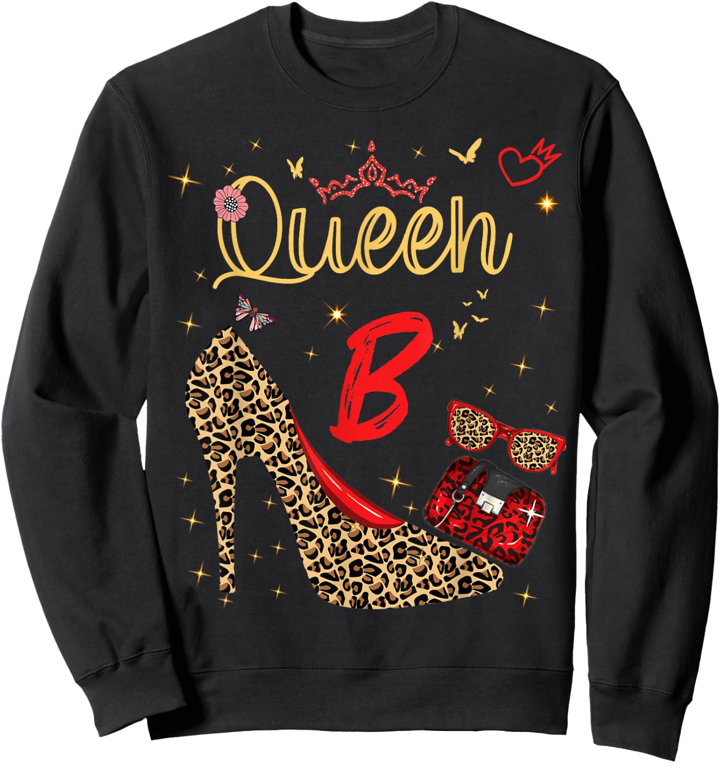 Queen Letter B Initial Name Leopard Heel Letter b Alphapet Sweatshirt - Sweatshirt | Black