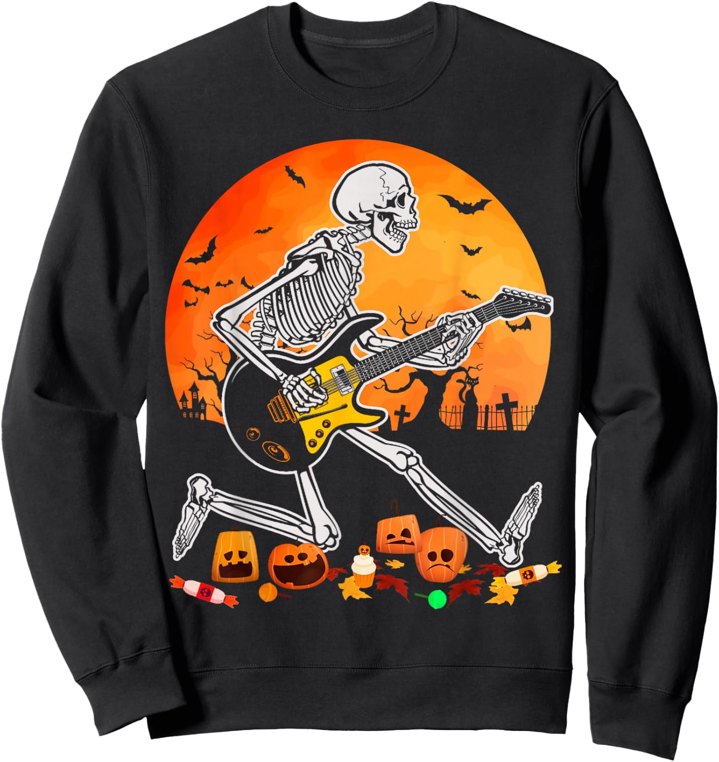 Skeleton Playing Bass Guitar Halloween Electric Acoustic Sweatshirt - Sweatshirt | Black