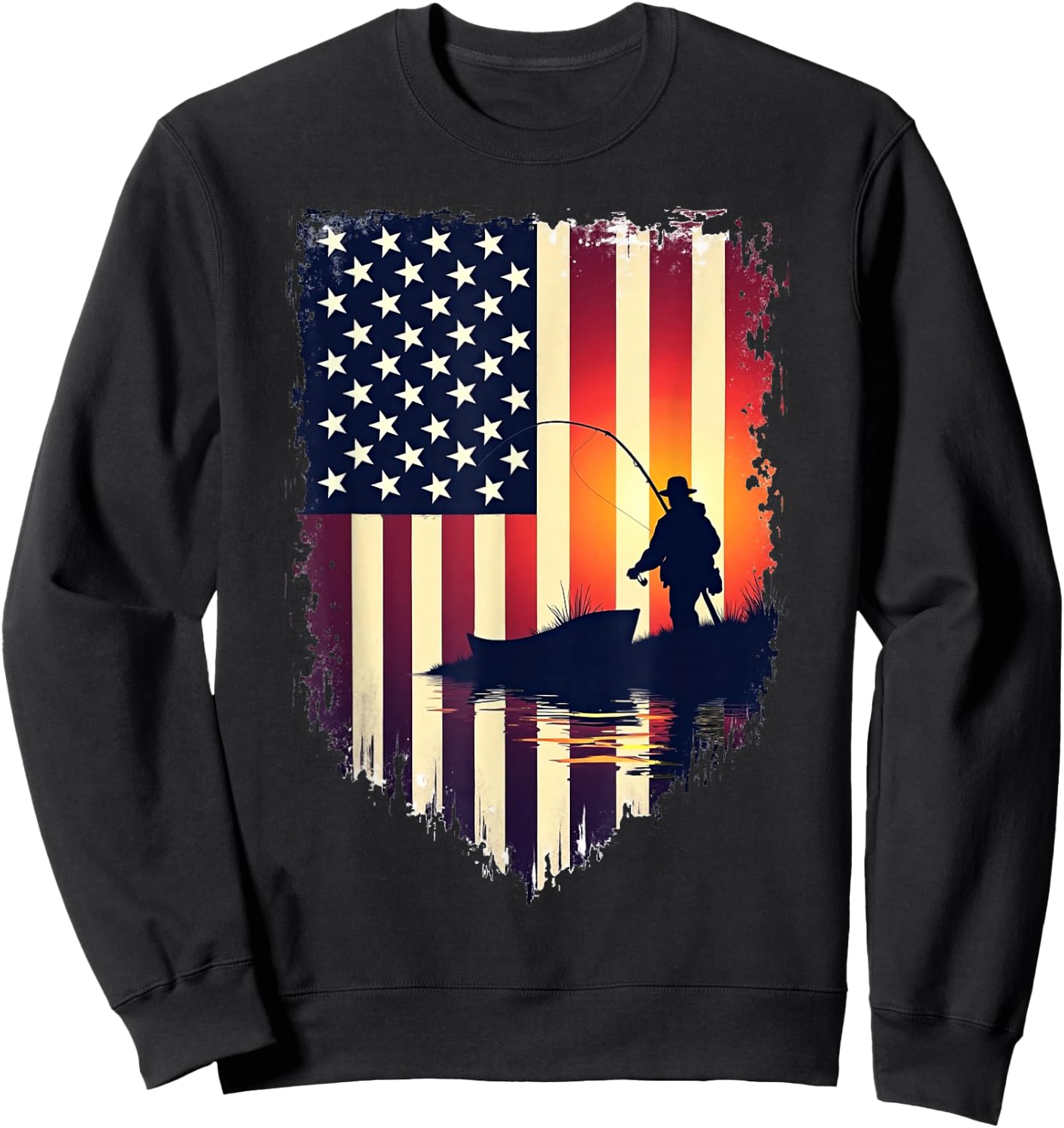 American Flag 4th of July Fish Fisherman Funny Bass Fishing Sweatshirt - Sweatshirt | Black