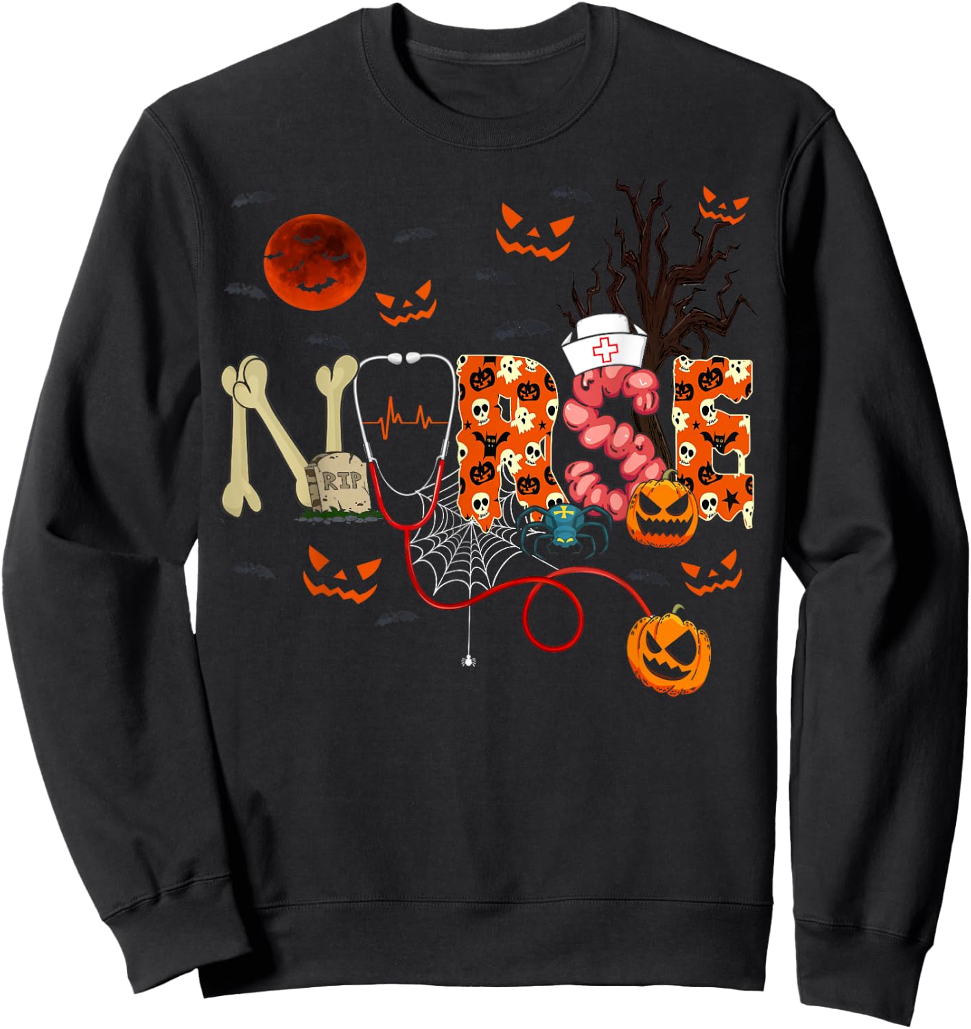 Nurse Funny Stethoscope Nurse Pumpkin Skull Lover Halloween Sweatshirt - Sweatshirt | Black