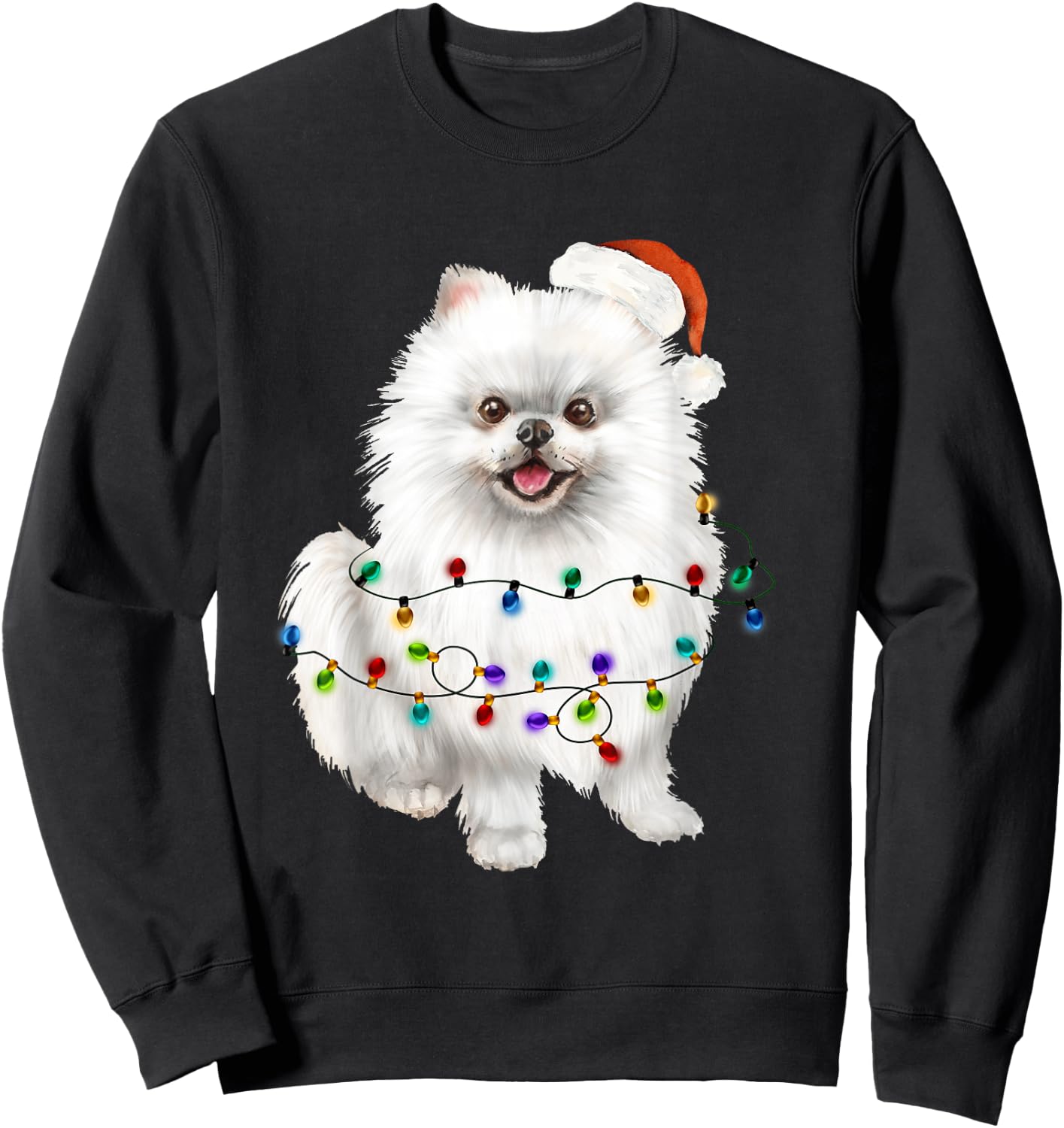 Pomeranian White Santa Christmas Tree Lights Xmas Dog Lover Sweatshirt - Sweatshirt | Black