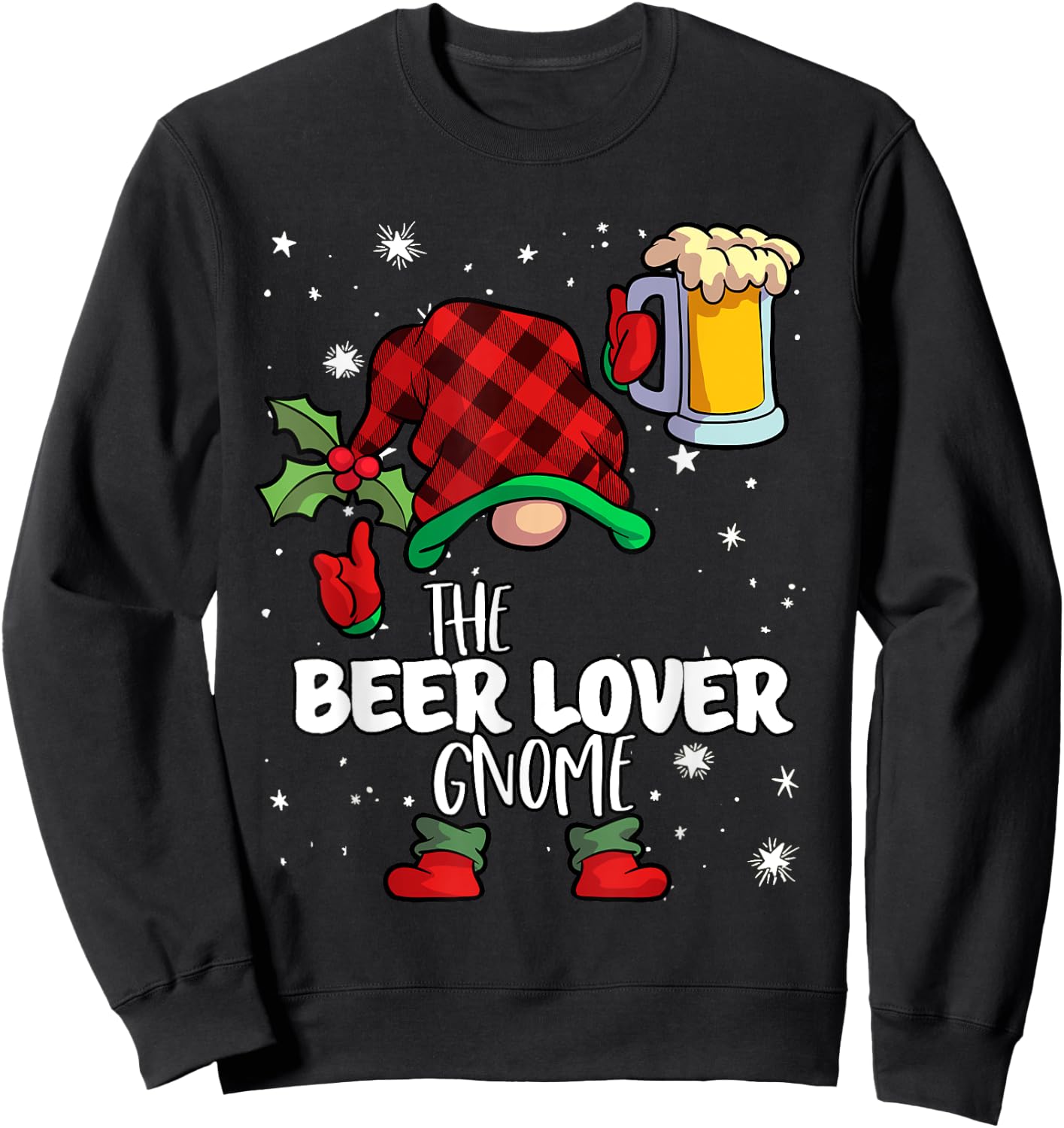 Beer Lover Gnome Red Buffalo Plaid Matching Family Christmas Sweatshirt - Sweatshirt | Black