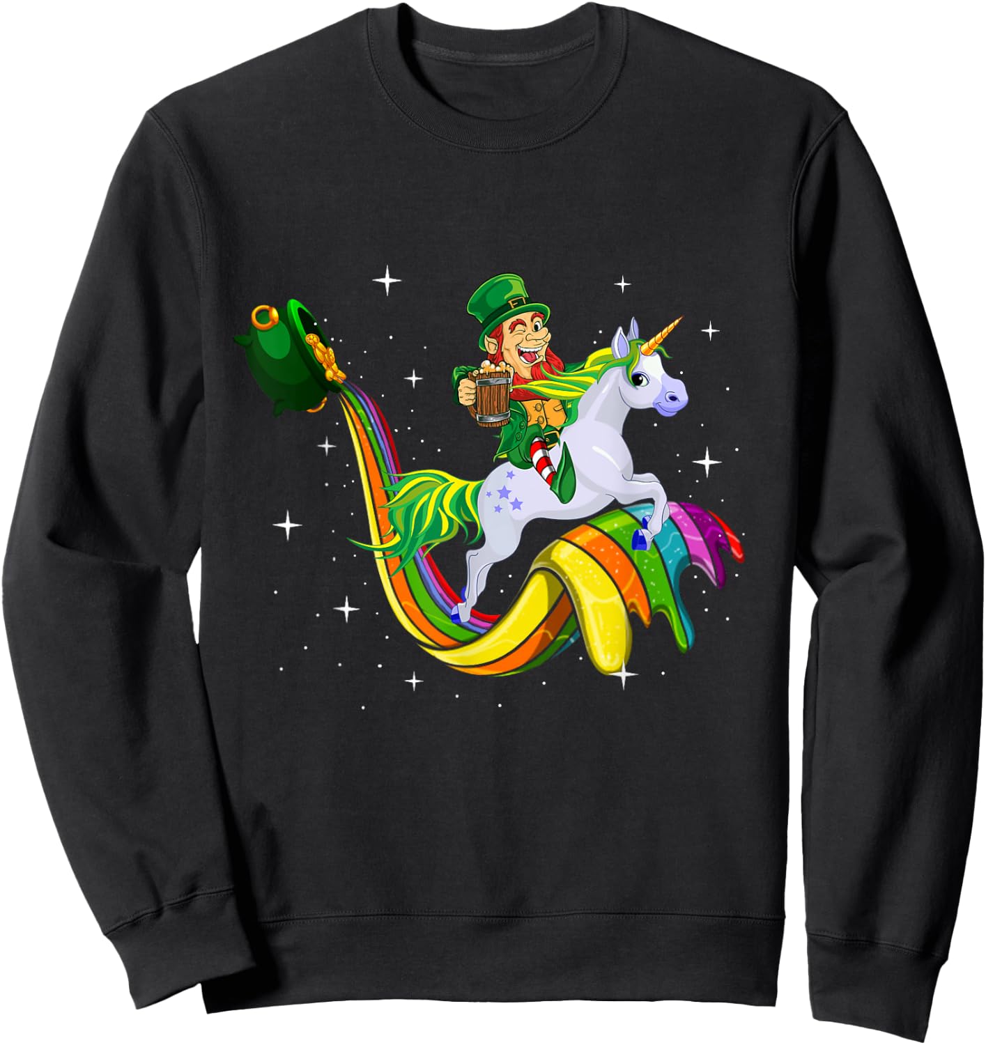 Unicorn St Patricks Day Men Women Lucky Leprechaun Rainbow Sweatshirt - Sweatshirt | Black