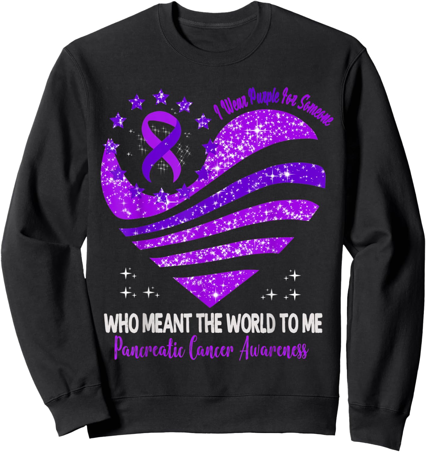 I Wear Purple For Pancreatic Cancer Awareness Heart Ribbon Sweatshirt - Sweatshirt | Black