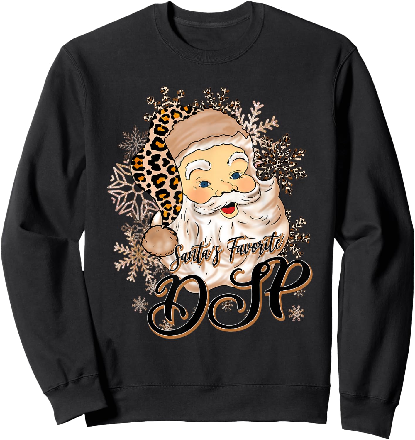 Santa's Favorite DSP Christmas Pajama Santa Leopard Hat Xmas Sweatshirt - Sweatshirt | Black