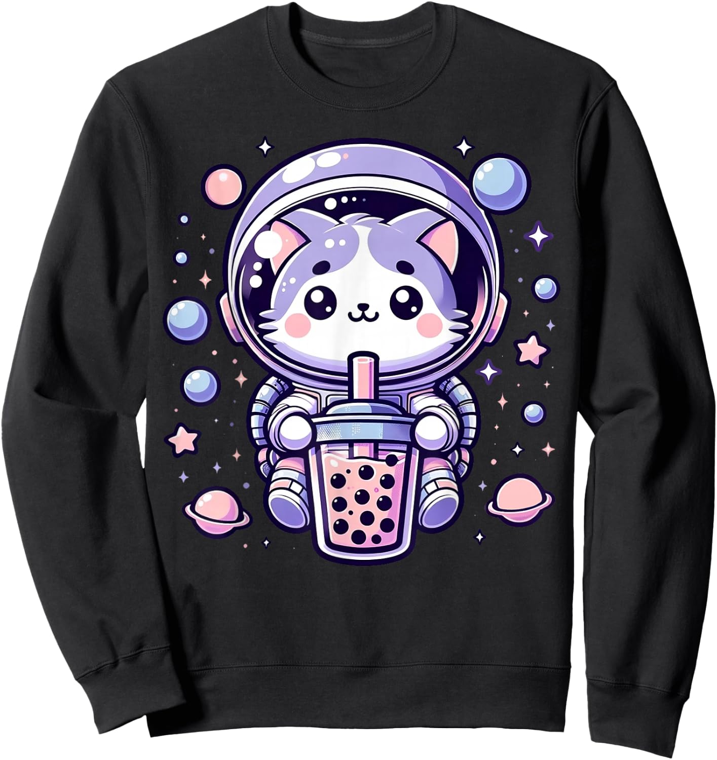 Kawaii Cat Astronaut With Boba Tea Anime In Space Adventure Sweatshirt - Sweatshirt | Black