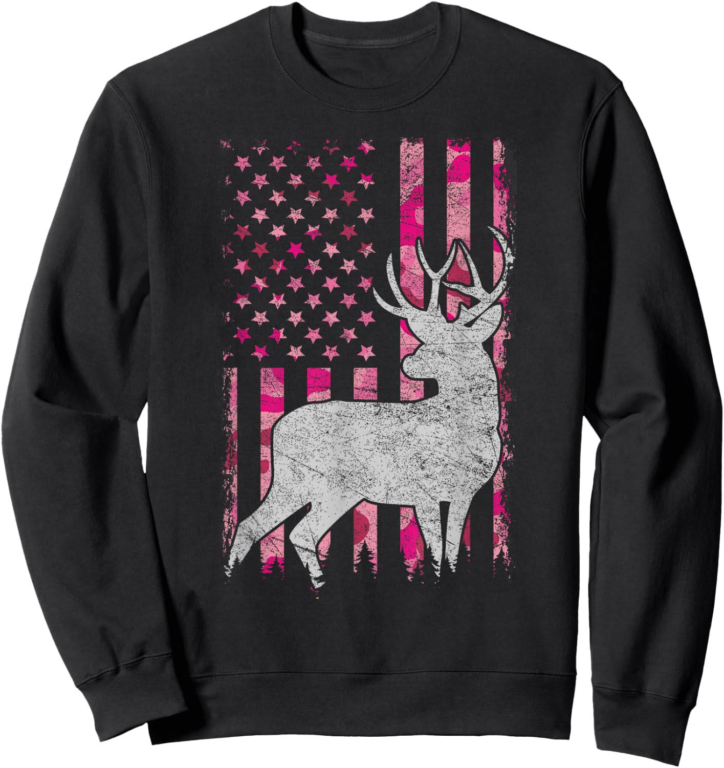 Women Girls Patriotic Pink Camo USA Flag Deer Hunter Sweatshirt - Sweatshirt | Black