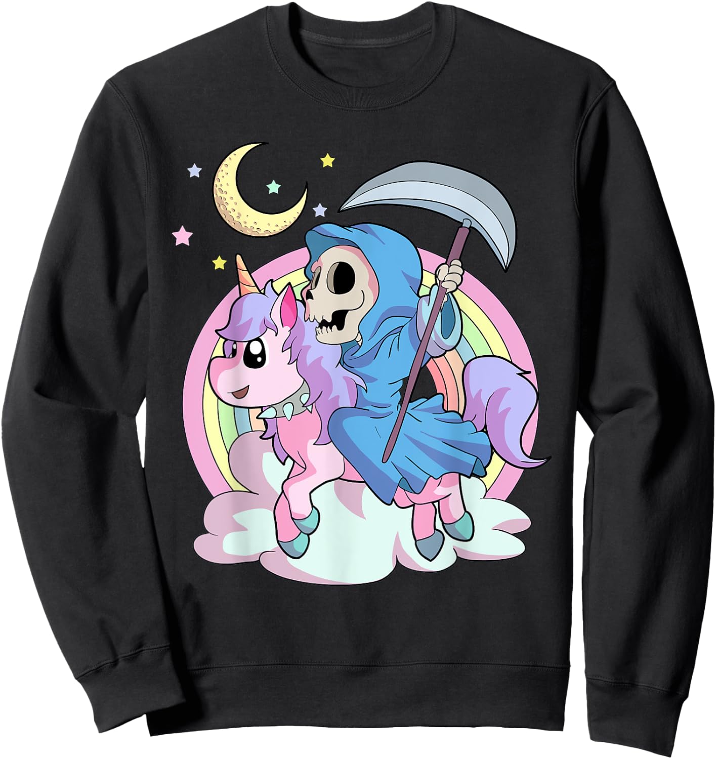 Kawaii Pastel Goth Unicorn and Grim Reaper Creepy Unicorn Sweatshirt - Sweatshirt | Black