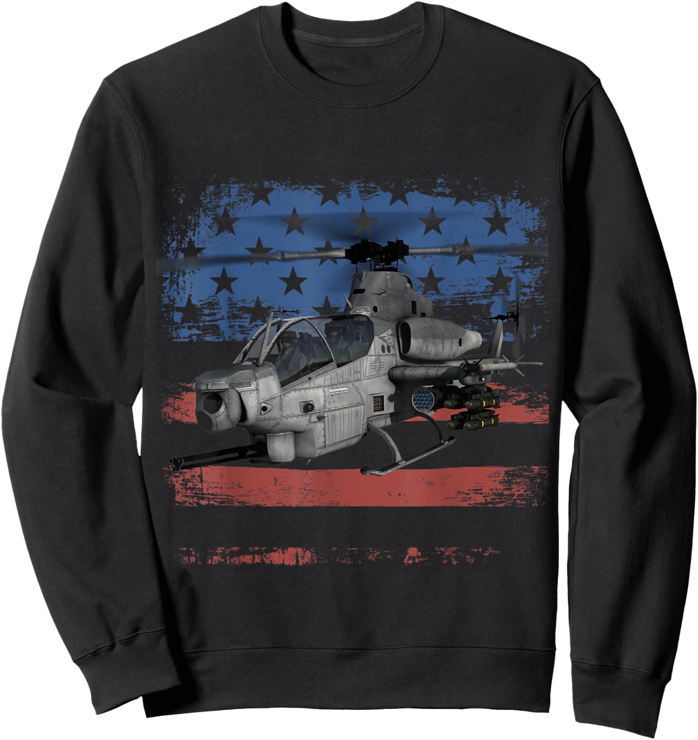 AH-1 Cobra Attack Helicopter Military Distressed US Flag Sweatshirt - Sweatshirt | Black