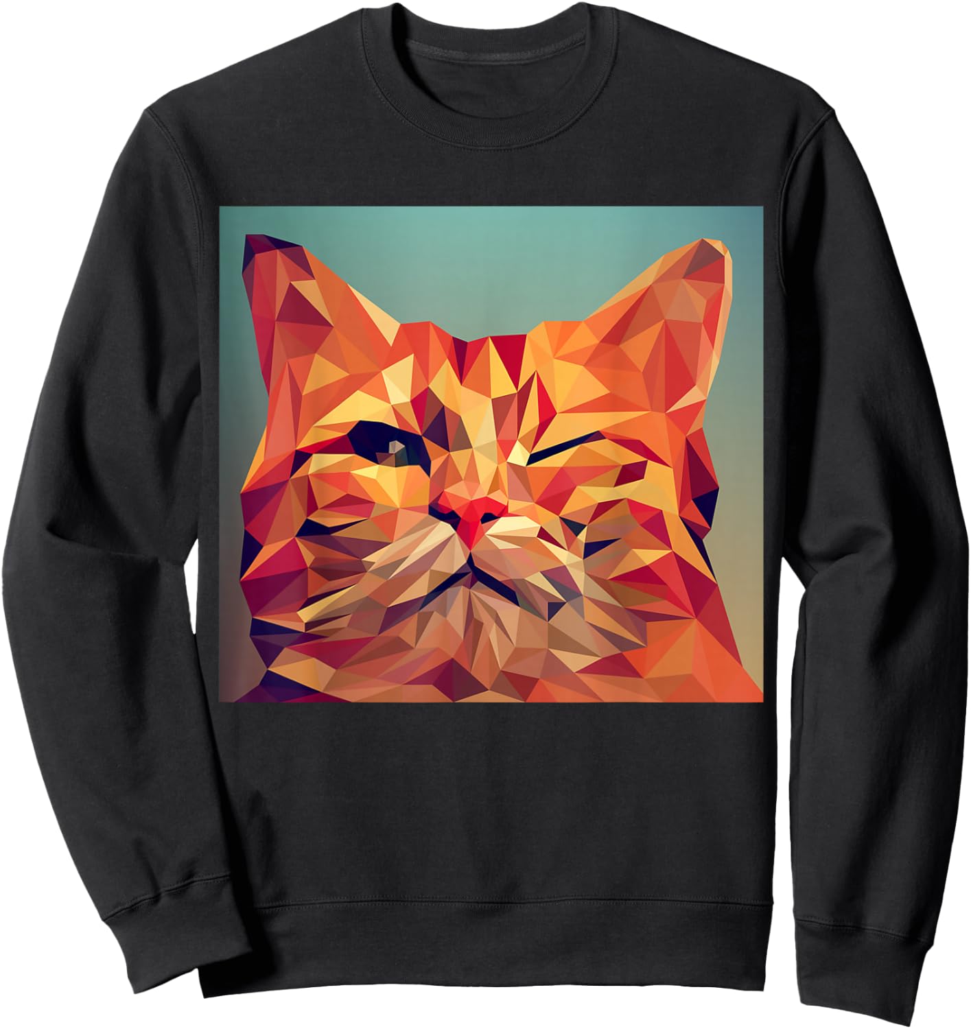Winking Orange Cat Lover Feline Abstract Digital Poly Art Sweatshirt - Sweatshirt | Black