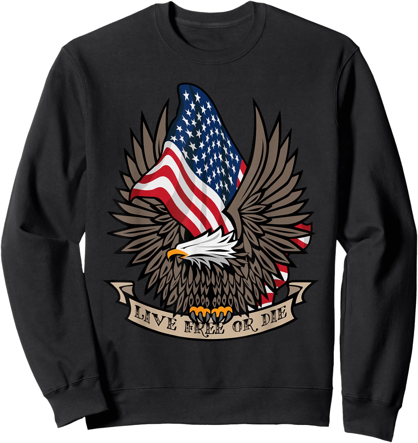 Patriotic Live Free or Die USA Bald Eagle and American Flag Sweatshirt - Sweatshirt | Black