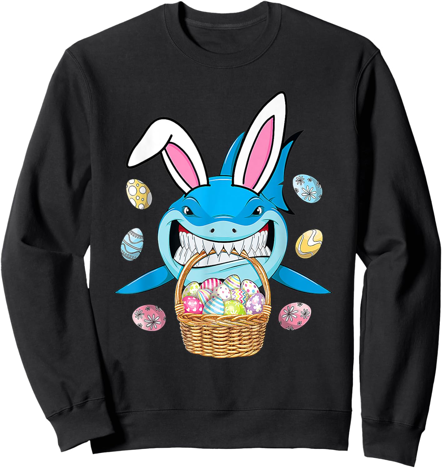 Cute Bunny Shark Easter Shirt For Boys Girls Easter Eggs Hun Sweatshirt - Sweatshirt | Black