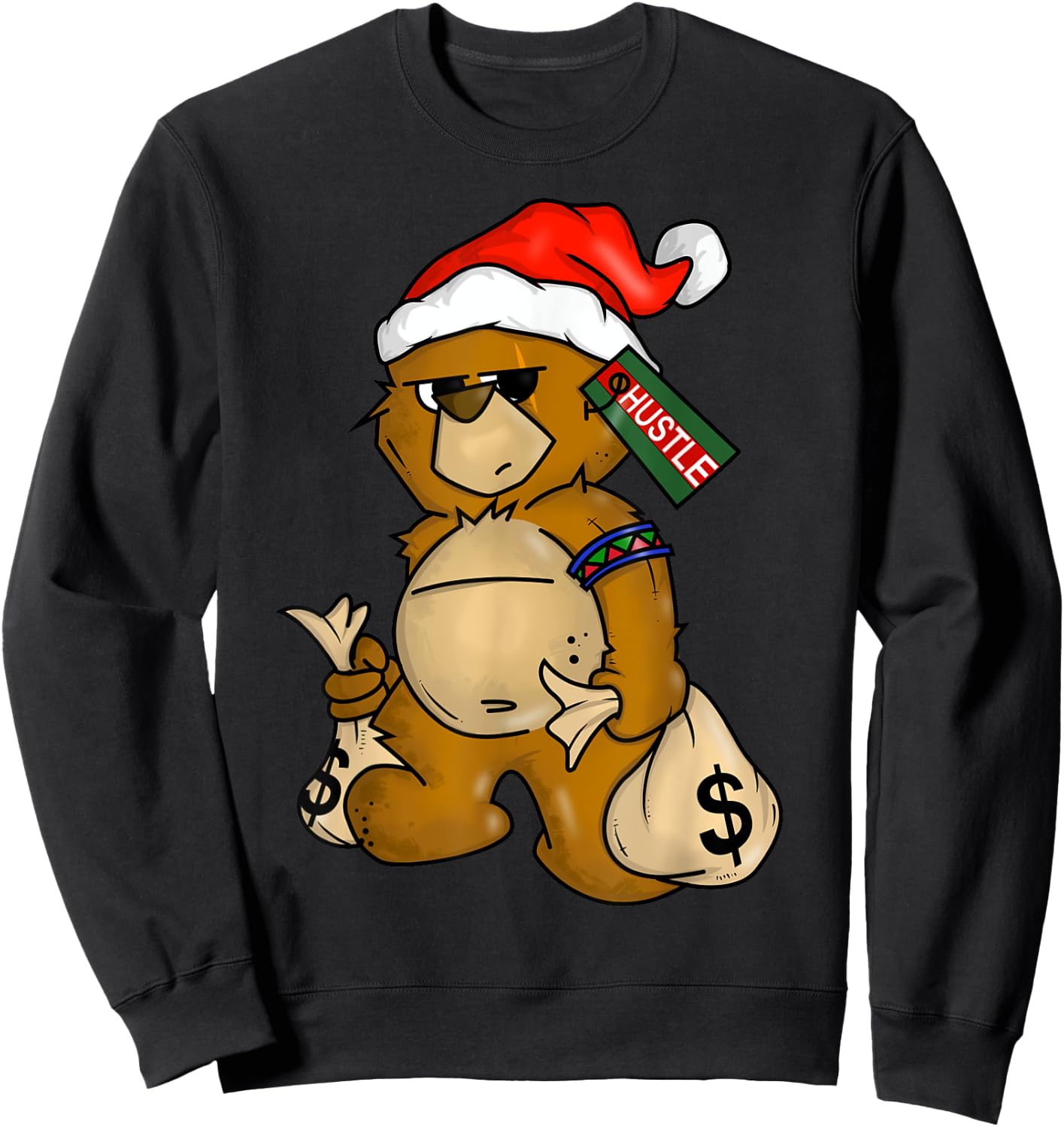 Hip Hop Teddy Bear Christmas Santa Hat Money Rap Lover Gift Sweatshirt - Sweatshirt | Black