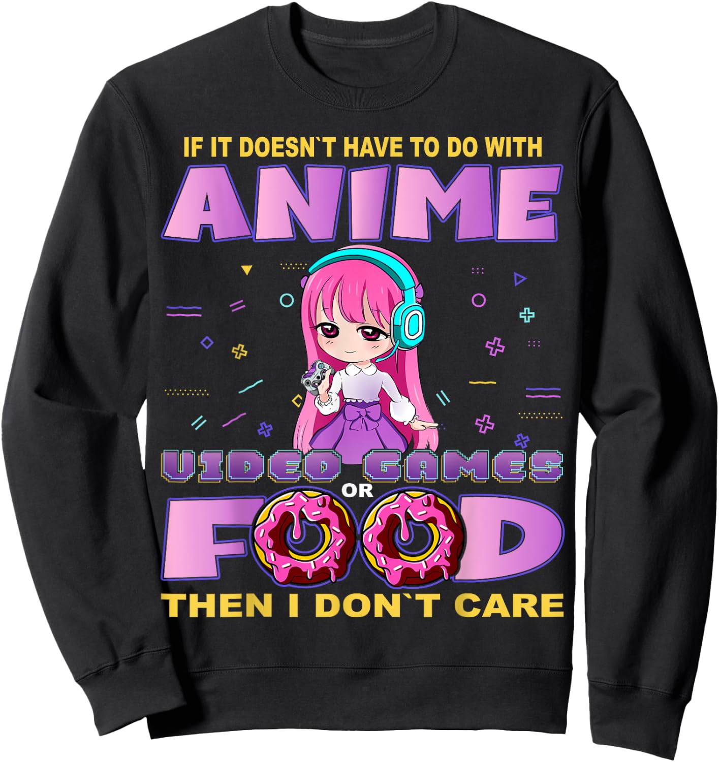 Funny Anime and Video Games Food Chibi Gaming Donut Sweatshirt - Sweatshirt | Black