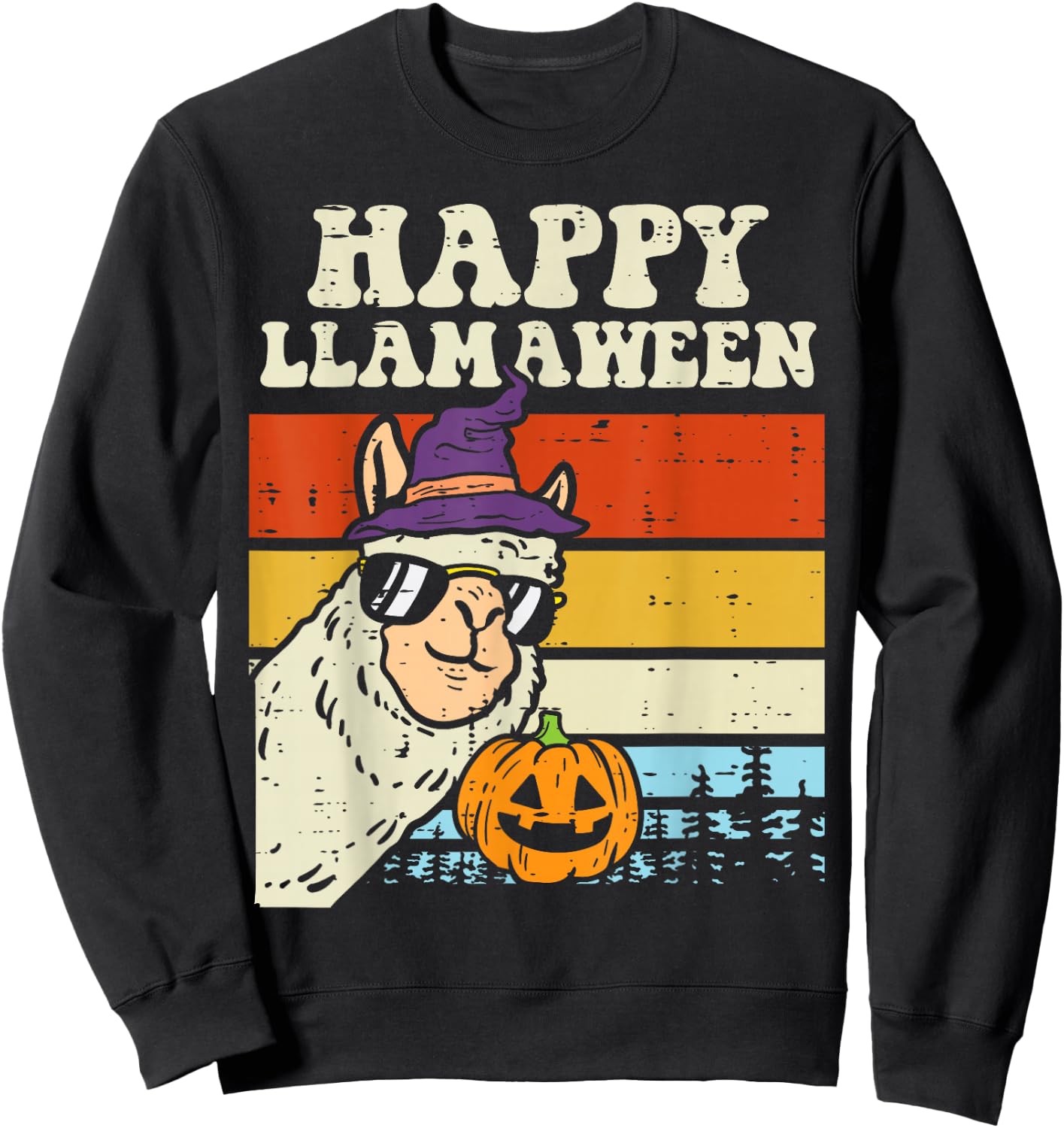 Happy Llamaween Llama Witch Retro Halloween Alpaca Animal Sweatshirt - Sweatshirt | Black