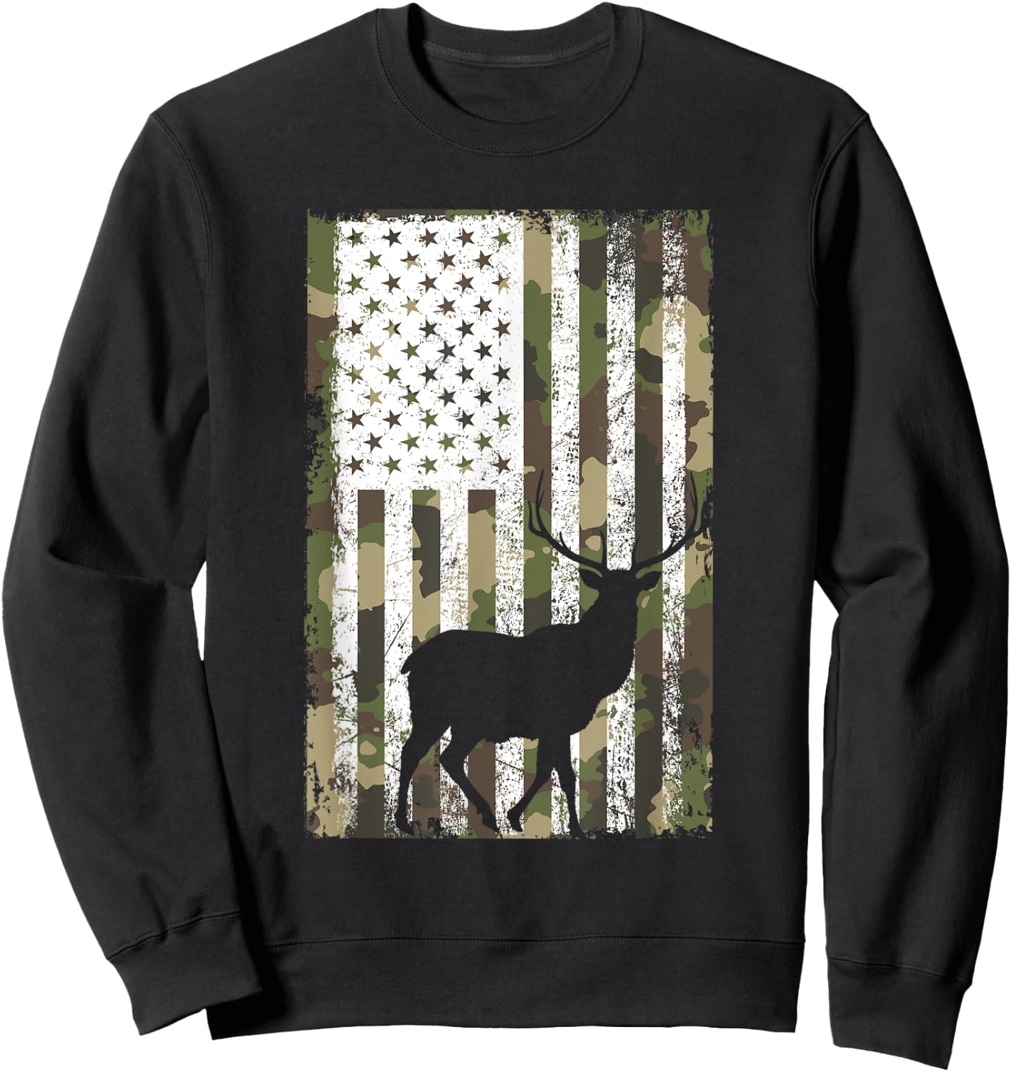 Camo US Flag Deer Elk Buck Camouflage Hunting Hunter Dad Men Sweatshirt - Sweatshirt | Black