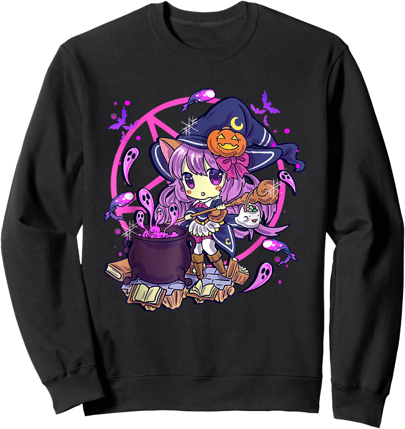 Cute Kawaii Chibi Anime Halloween Witch Kids Teen Girl Sweatshirt - Sweatshirt | Black