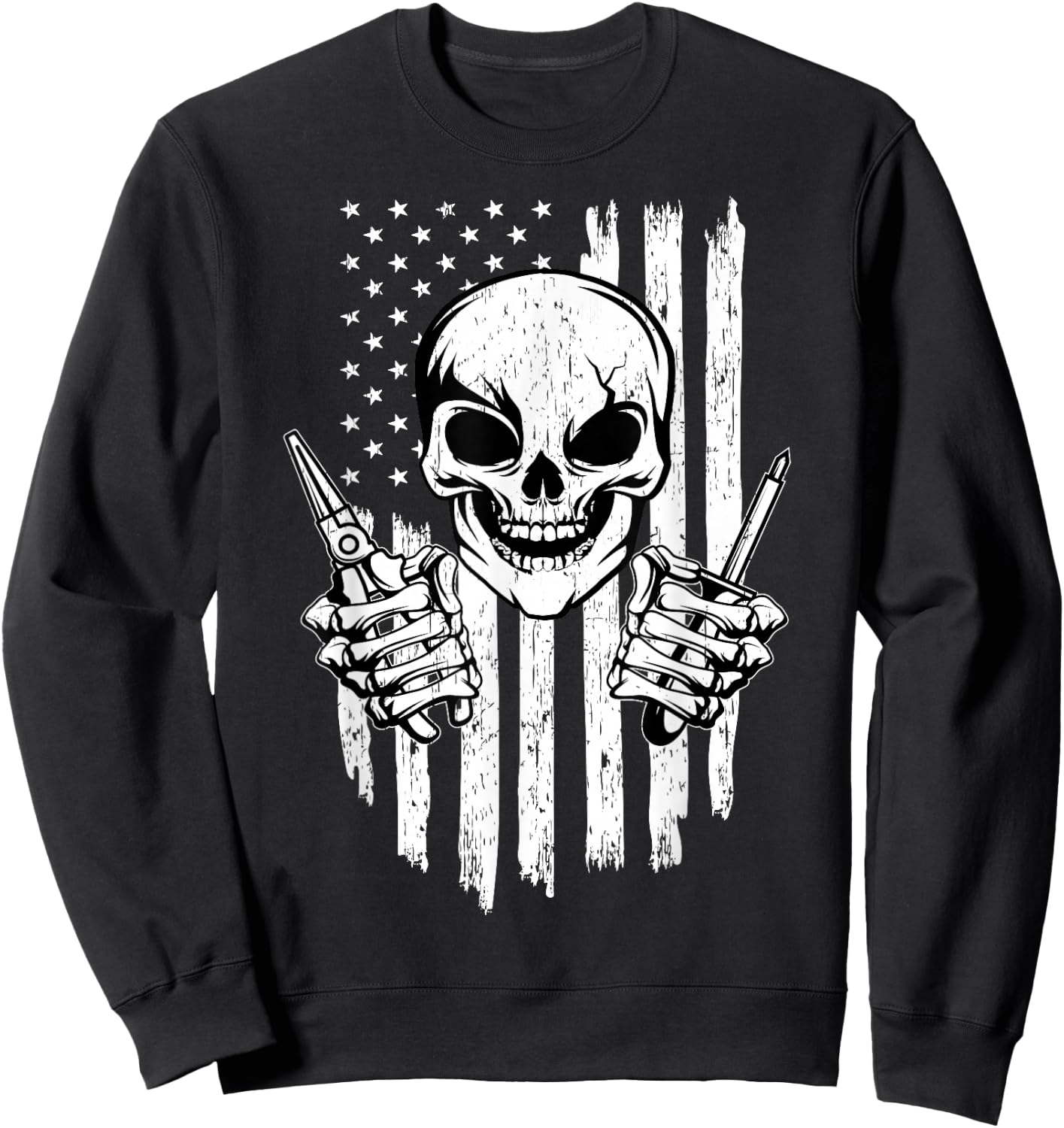 Electrician Skull Electricity Electrical Wiring US Flag Sweatshirt - Sweatshirt | Black