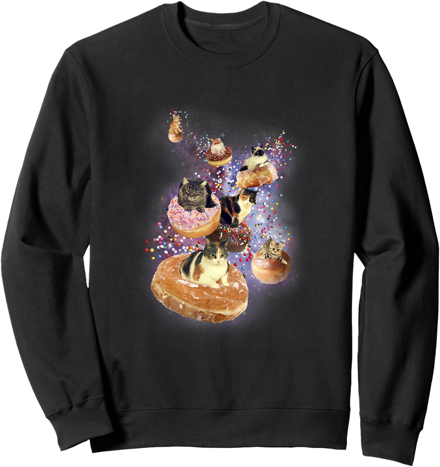 Trendy Cats Flying On Donuts In Space Sweatshirt - Sweatshirt | Black