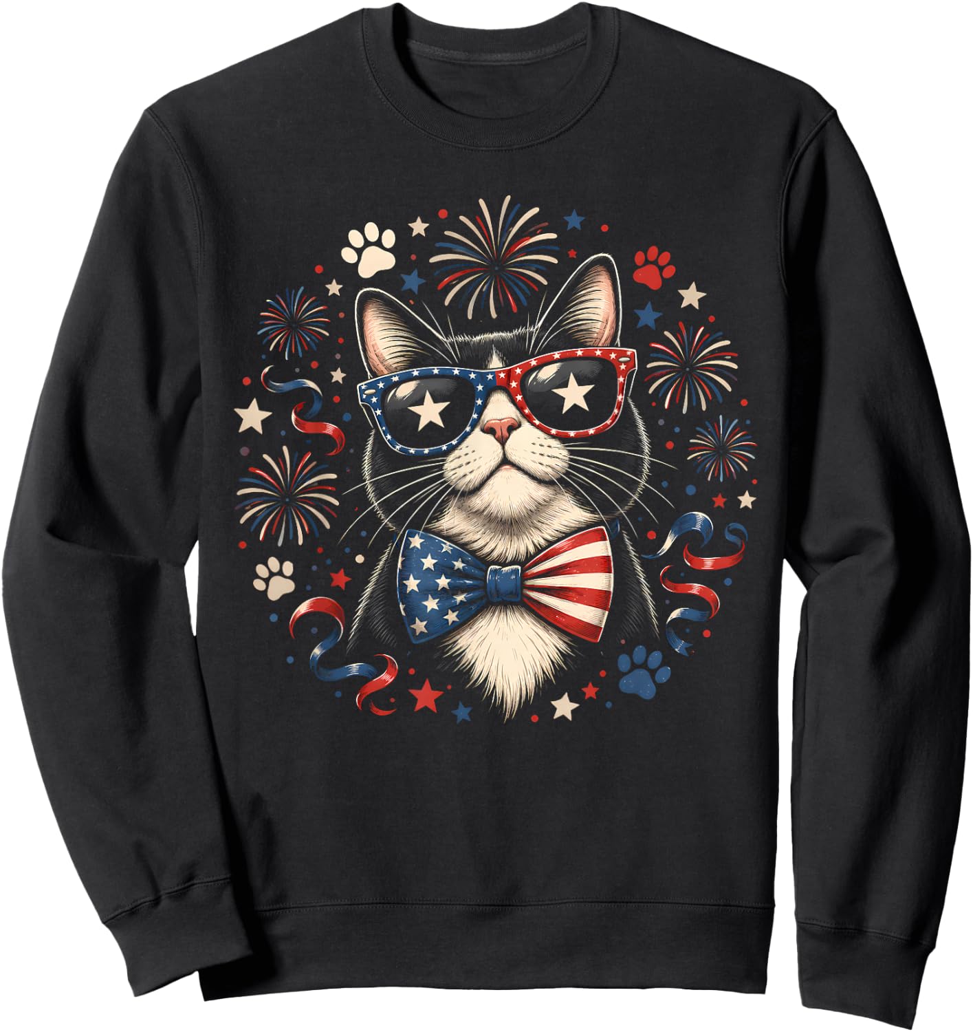 Cat 4th of July American Flag Bow Patriotic Women Sweatshirt - Sweatshirt | Black