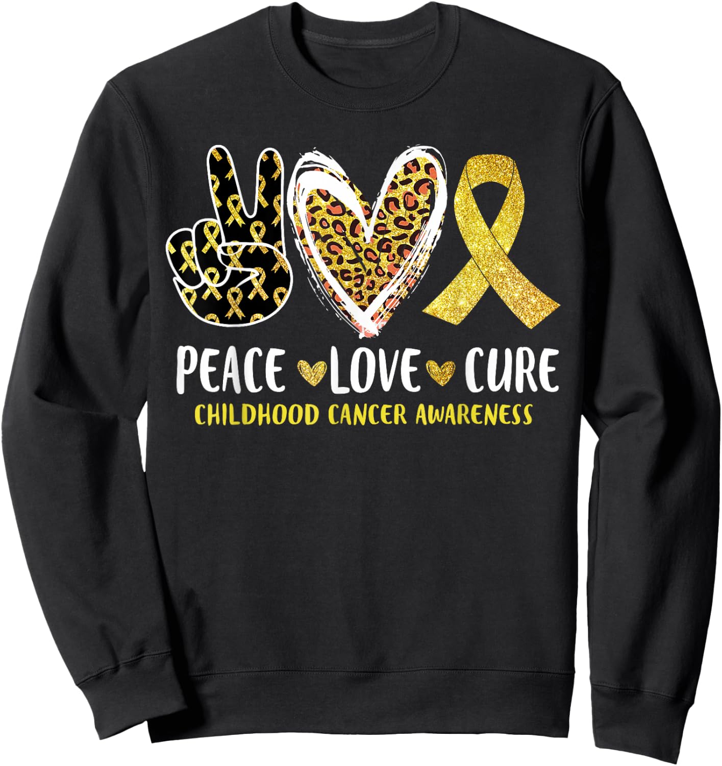 Peace Love Cure Childhood Cancer Awareness Leopart Heart Sweatshirt - Sweatshirt | Black