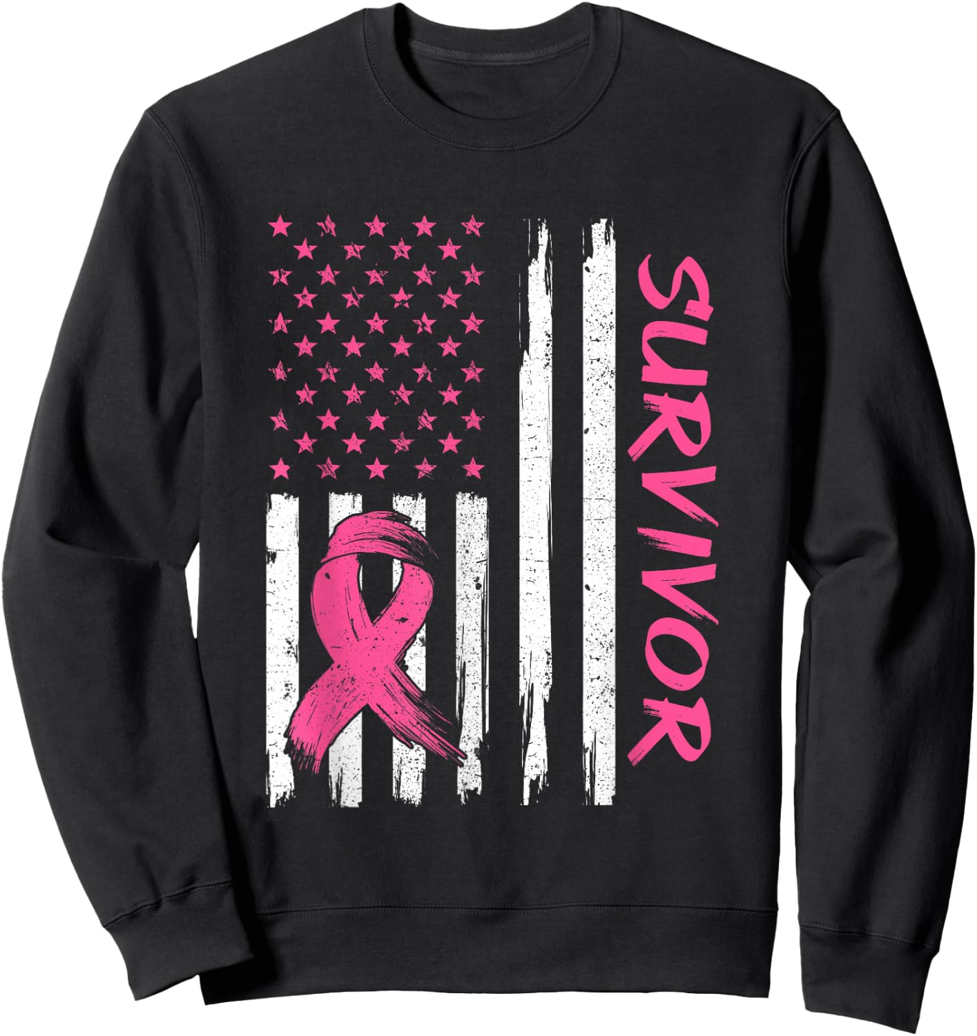 Breast Cancer Survivor American Flag Breast Cancer Awareness Sweatshirt - Sweatshirt | Black